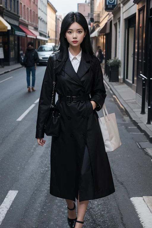 a girl，long black hair，whole body，Walking in the street，