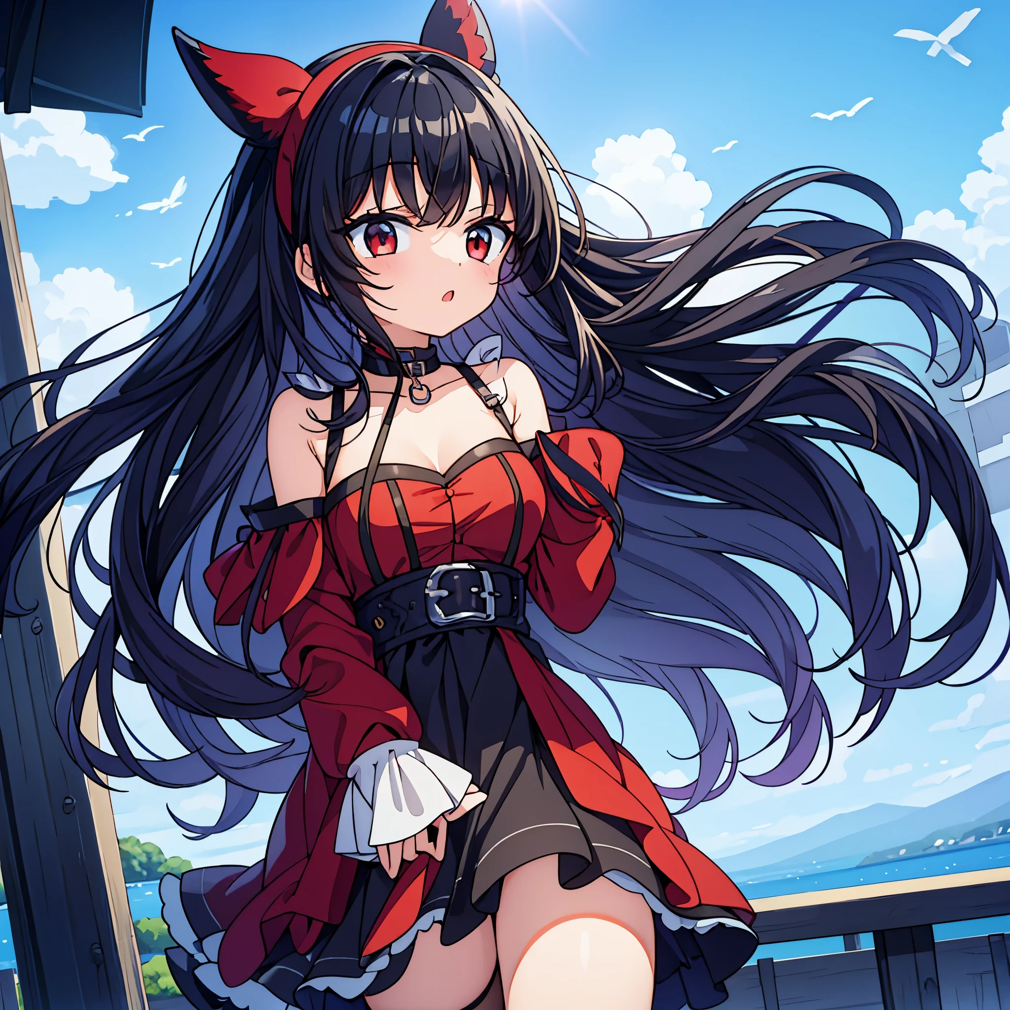 A short girl with slanted eyes and a very well-developed chest, laughing fearlessly.、Black braided hairstyle、Wear lots of decorative accessories、Red Eyes、Animal Ears、sunset、Elegant blue Gothic Lolita outfit、Key visual from the waist up