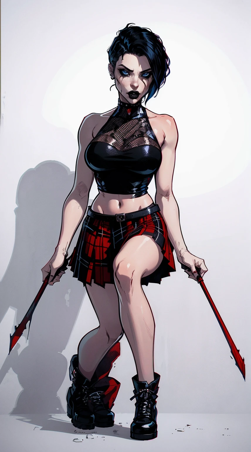 a woman with short black hair, hair on shoulders, wearing a black cropped and plaid skirt, blue eyes, zombie art, gothic art, cute aesthetic with vibe, toon aesthetic, wearing red costume, wearing gothic accessories, look like Cassie Hack, whole body, walking on the floor, white background