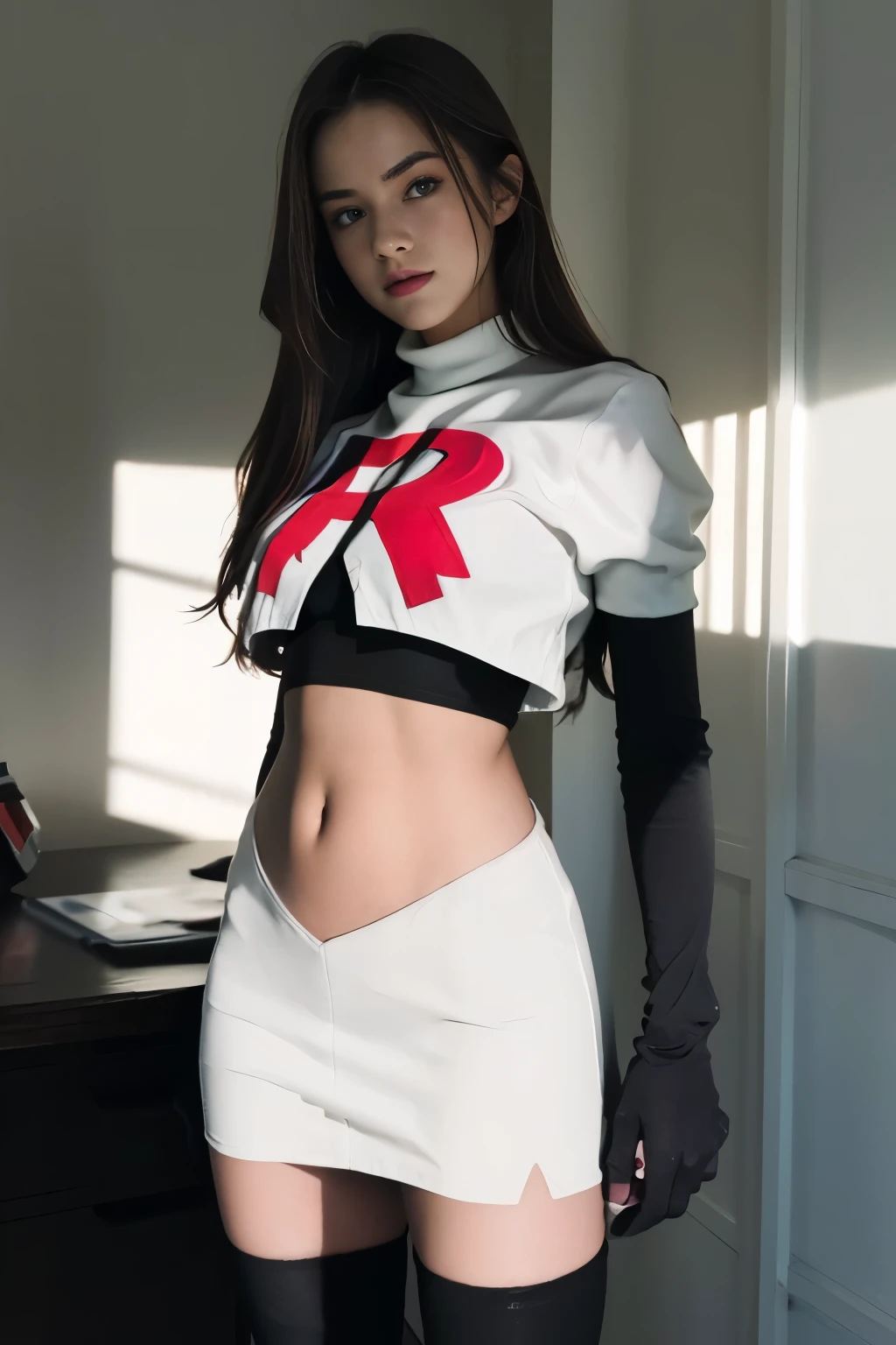 epic realistic, kristinapimenova,  18yo women wearing wearing team rocket,team rocket uniform,white skirt,red letter R,crop top,black thigh-highs,black elbow gloves,