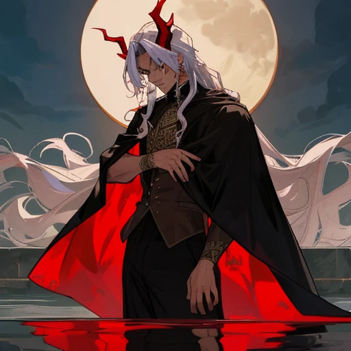 A young demon, 23 years old, masculine, stands embarrassed in front of a mirrored pool, blushing deeply as he takes off his cloak, revealing a sculpted physique beneath. His long, silver hair cascades down his broad shoulders, reflecting the ethereal light cast by the full moon. Keeping his mouth shut, he averts his gaze, stared down by the judgemental reflection of his own image. The red, fiery aura that typically envelopes him has been tamed, hidden away for the moment. His horns, adorned with intricate gold filigree, curl back from his forehead, the tips gently touching the surface of the water. The