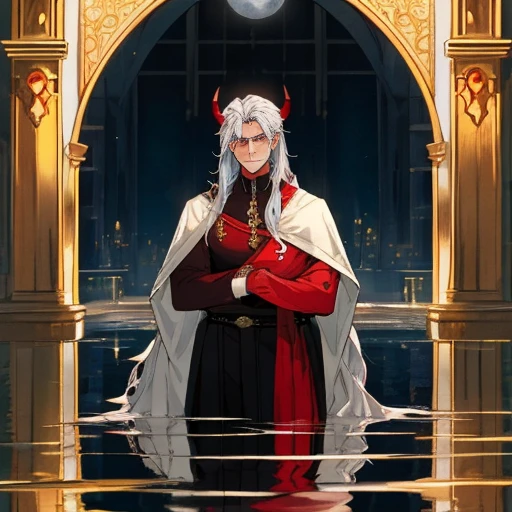 A young demon, 23 years old, masculine, stands embarrassed in front of a mirrored pool, blushing deeply as he takes off his cloak, revealing a sculpted physique beneath. His long, silver hair cascades down his broad shoulders, reflecting the ethereal light cast by the full moon. Keeping his mouth shut, he averts his gaze, stared down by the judgemental reflection of his own image. The red, fiery aura that typically envelopes him has been tamed, hidden away for the moment. His horns, adorned with intricate gold filigree, curl back from his forehead, the tips gently touching the surface of the water. The