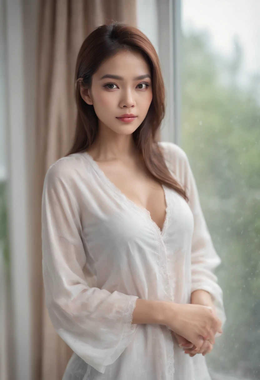 full body photo, beautiful woman from Indonesia, 20 years old, wearing a very thin white shirt, no pants or bra, breasts visible, body perfectly proportioned, standing near the window, face in the shade, facing the window, raining outside, bed background messy , coffee drinking, real reflection of woman in window, hyperrealistic, photorealistic, ultra HD, detailed textures, full body, 8K image.