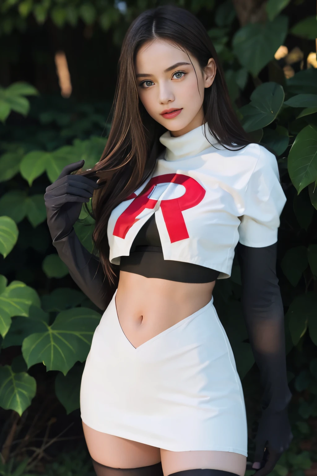 epic realistic, kristinapimenova, 18yo women wearing wearing team rocket,team rocket uniform,white skirt,red letter R,crop top,black thigh-highs,black elbow gloves,