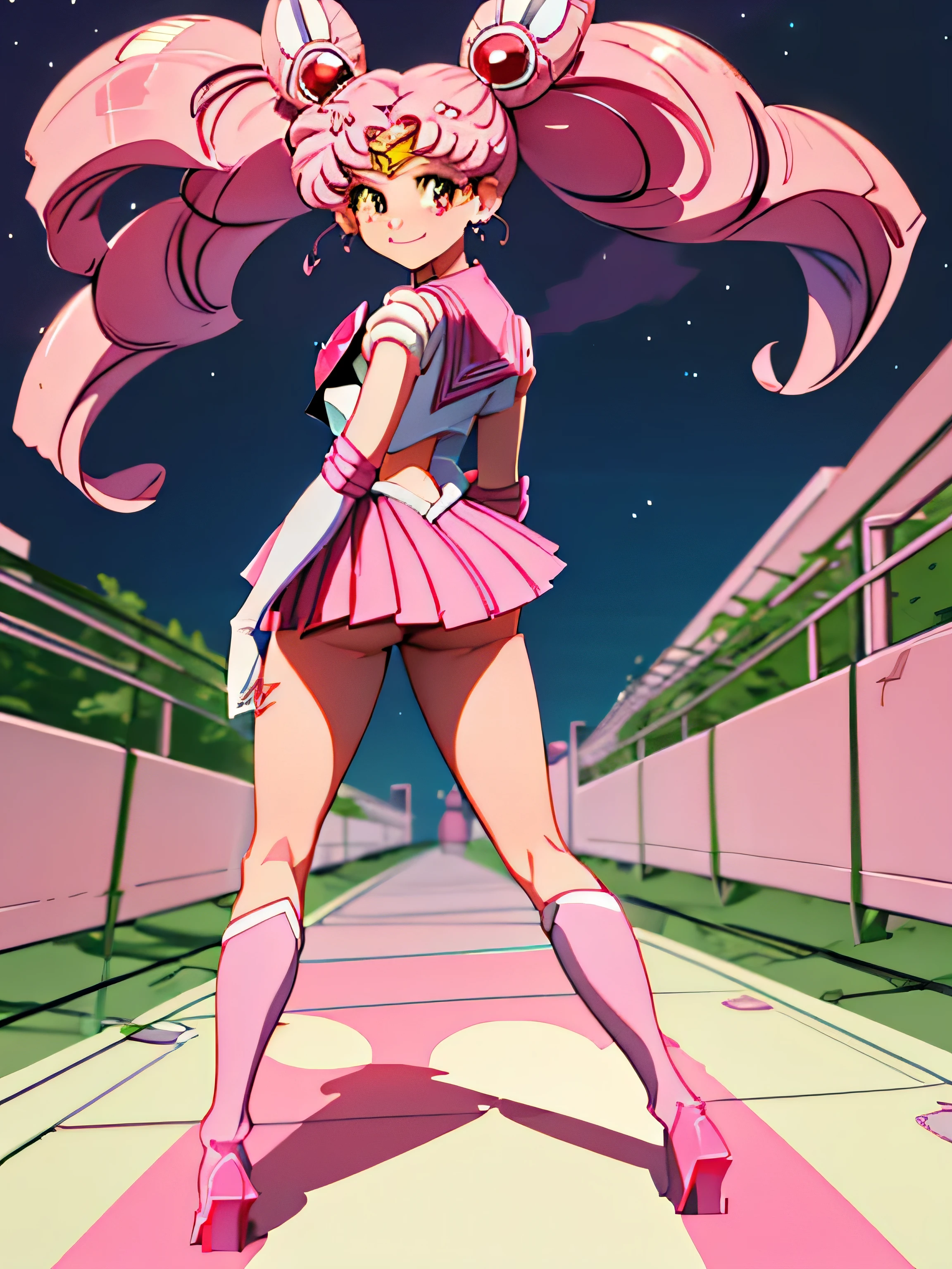 obra maestra, Mejor calidad, absurdos, perfect anatomy, 1 chica, Solo, SMMoon, 1990s \(Estilo\), Sailor Chibi Luna Cabello Rosa, pupilas rosadas ojos, subir las escaleras, de cerca, Sonrisa, tiro de vaquero, Uniforme Sailor Senshi Rosa, Collar marinero rosa, falda plisada rosa, guantes de codo, en postura de espalda, Show off your loot, backward, No hay tanga en un gran trasero, cuerpo completo, aausagi, de cerca booty, PUNTO DE VISTA DE ABAJO A ARRIBA