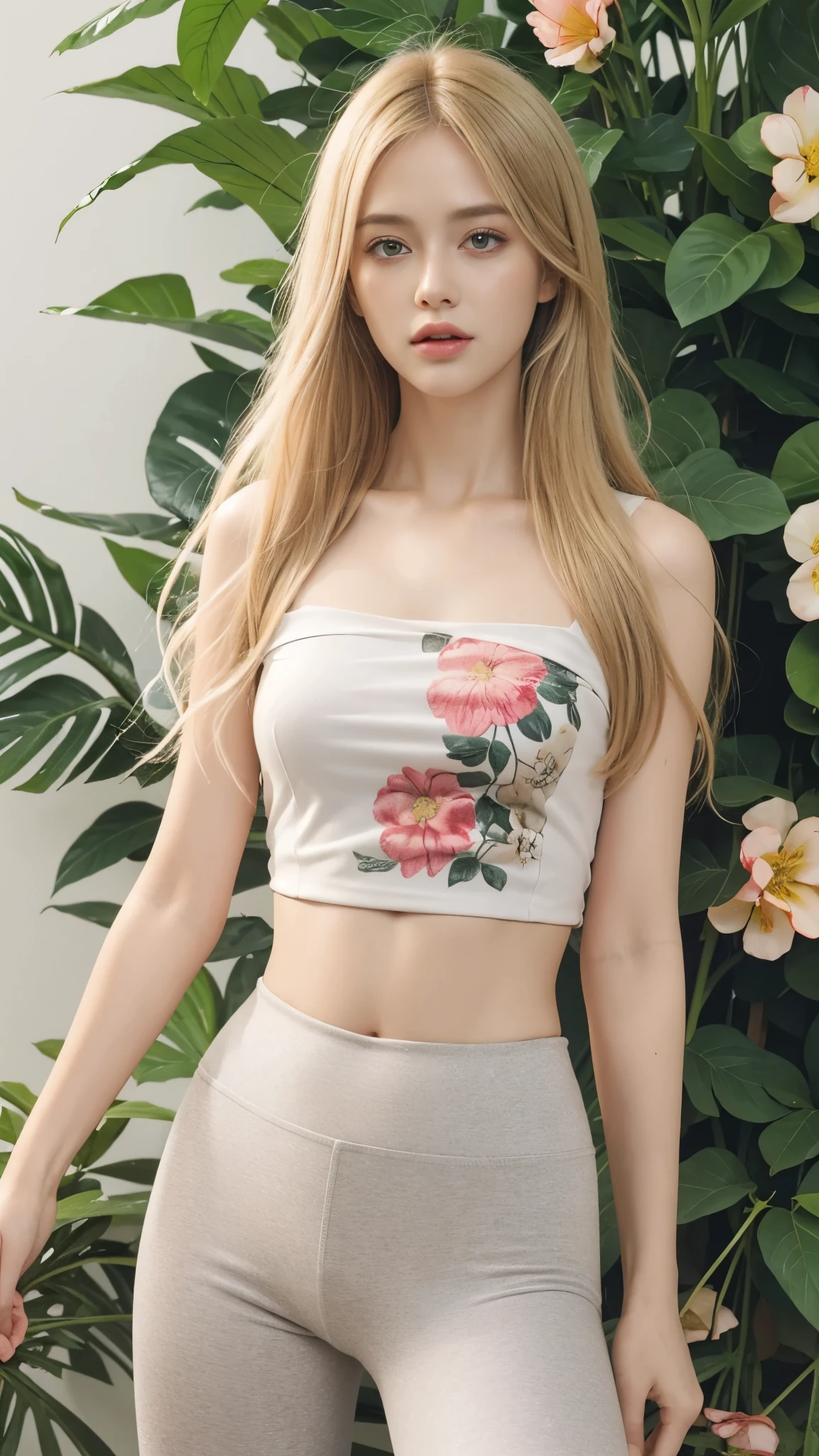 (hyperrealistic), (illustration), (high resolution), (8K), (extremely detailed), (best illustration), (beautiful detailed eyes), (best quality), (super detailed), (masterpiece), (wallpaper), (detailed face), solo, 1 girl, blonde, heterochromic eyes, (floral t-shirt top), (yoga pants underneath), long legs, tight abs, no chest leakage, (((flat chested))), (cameltoe), (see throught), background street, standing