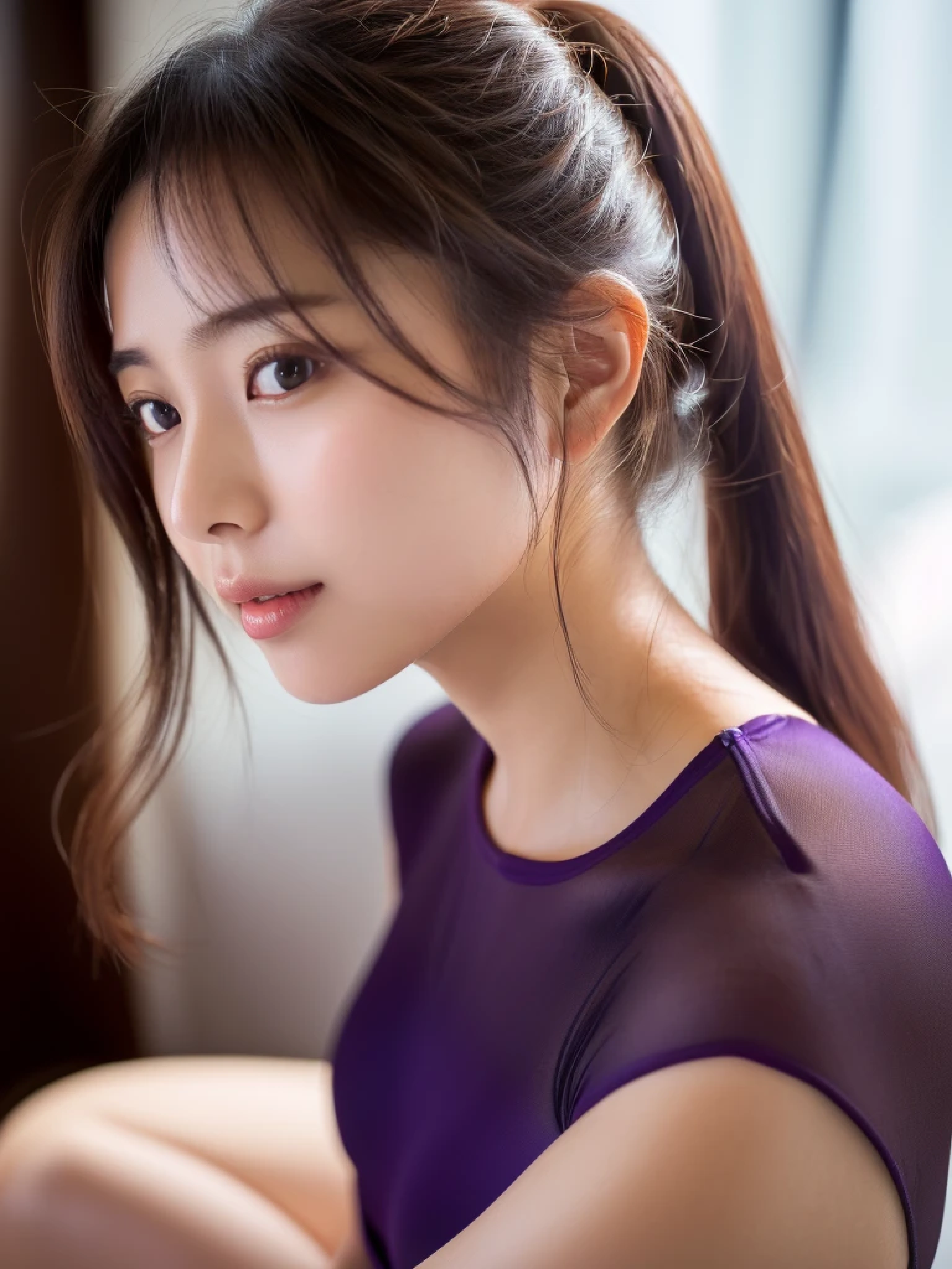 ((cute日本の女の子、beautiful japanese girl、1 girl、clear、19 years old、ponytail、dark purple sexy purple swimsuit、dark purple sexy purple underwear、F cup、big breasts、Beautiful and well-shaped breasts、Highly detailed face and skin texture、refinement、super detailed face、highly detailed eyes、Lee Hong、blush、cheek、ピンクのcheekを塗ったcheek、close-up of woman、 from the neck up、 Close to the camera、 positive face、Forward-facing body、look at the camera、front、cute、smooth white skin、Transparent skin texture、))、(dark brown hair、bangs)、beautiful woman with perfect style:1.4、japanese model、young gravure idol、若いcuteグラビアアイドル、Realistic young gravure idol、refinementされたグラビアアイドル、((highest quality、8K、masterpiece:1.3、1photograph))、(4K、RAWphotograph、highest quality)、(realistic、フォトrealistic:1.37)、Place someone on the other side of the screen、Natural light、professional lighting、((bedルーム、bed、front、wall、Hotel、suite room、luxury、luxury、luxury、1photograph))、((highest quality、8K、masterpiece:1.3))、(4K、RAWphotograph、highest quality)、