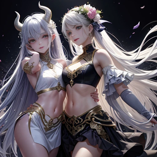A young demon, 23 years old, with a mesmerizing blend of ethereal beauty and devilish allure. This masterpiece of art, captured in the highest quality resolution, portrays a single figure with ivory-white hair cascading down their shoulders, contrasting beautifully against their piercing purple eyes that emit a mysterious glow. The demon stands in a pose that exudes confidence, adorned in a stylish crop top and a flowing skirt that dances with the slightest movement. Their lips are gently parted, revealing a hint of a mischievous smile, while a delicate blush adds a touch of innocence to their otherworldly features. The scene is set under the moonlit night, where vibrant flowers bloom under the enchanting rays of the sun, casting a soft, eth