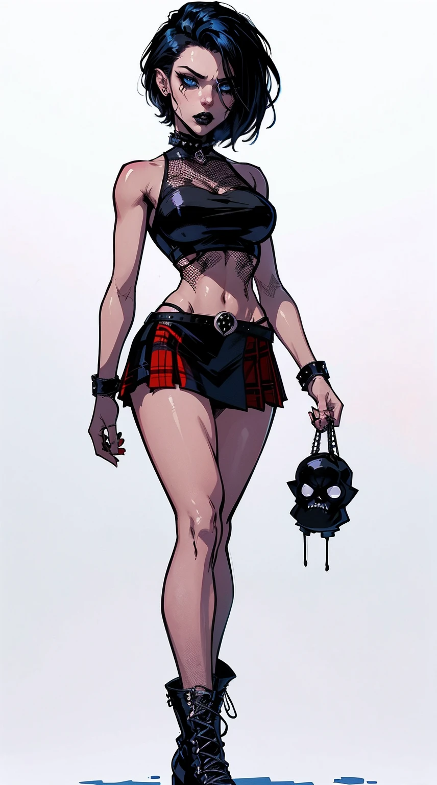 a woman with short black hair, hair on shoulders, wearing a black cropped and plaid skirt, blue eyes, zombie art, gothic art, cute aesthetic with vibe, toon aesthetic, wearing red costume, wearing gothic accessories, look like Cassie Hack, whole body, walking on the skrulls, white background