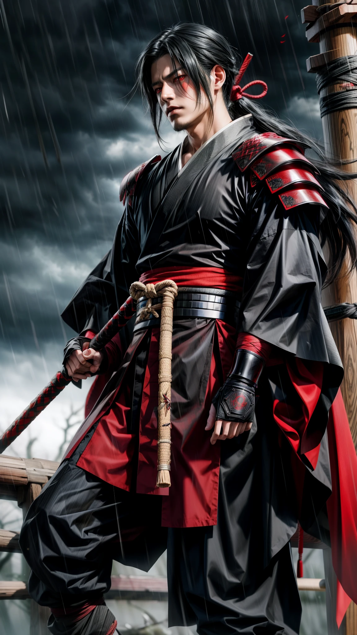 Uchiha Madara red eyes with full set zirah armor and samurai in hand standing in the rain, inspired by Kanō Sanraku, inspired by Kanō Hōgai, samurai man vagabond, itachi uchiha, itatchi uchiha, inspired by Tōshūsai Sharaku, akatsuki akira, urban samurai, from kenshin, madara uchiha extreme realistic