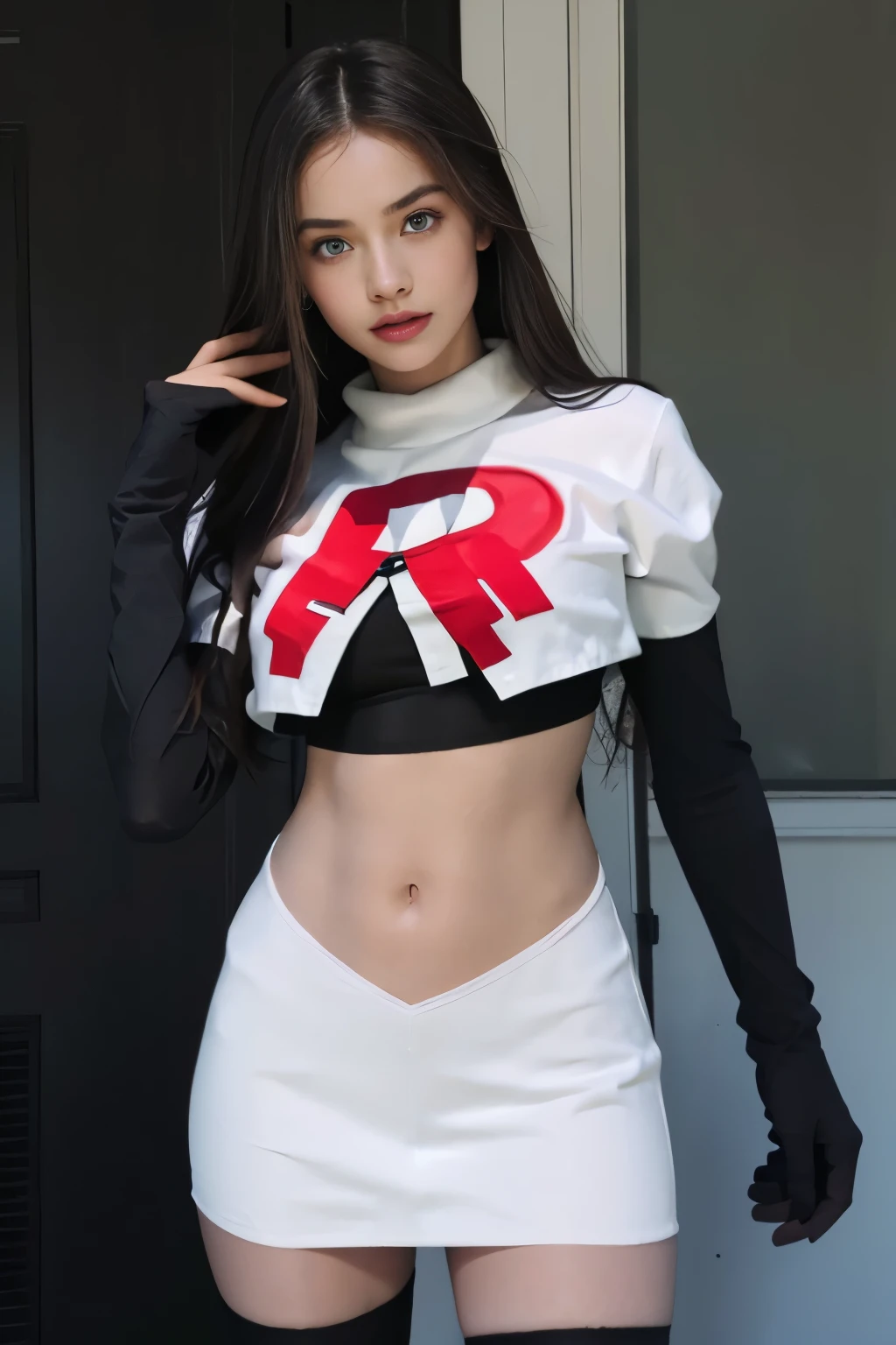 epic realistic, kristinapimenova, 18yo women wearing wearing team rocket,team rocket uniform,white skirt,red letter R,crop top,black thigh-highs,black elbow gloves,