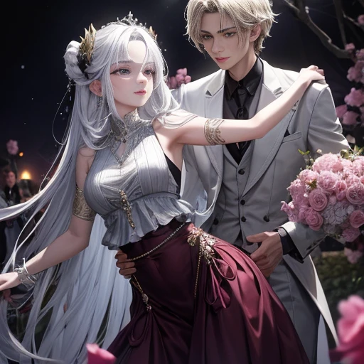 A young demon, 23 years old, with a mesmerizing blend of ethereal beauty and devilish allure. This masterpiece of art, captured in the highest quality resolution, portrays a single figure with ivory-white hair cascading down their shoulders, contrasting beautifully against their piercing purple eyes that emit a mysterious glow. The demon stands in a pose that exudes confidence, adorned in a stylish crop top and a flowing skirt that dances with the slightest movement. Their lips are gently parted, revealing a hint of a mischievous smile, while a delicate blush adds a touch of innocence to their otherworldly features. The scene is set under the moonlit night, where vibrant flowers bloom under the enchanting rays of the sun, casting a soft, eth