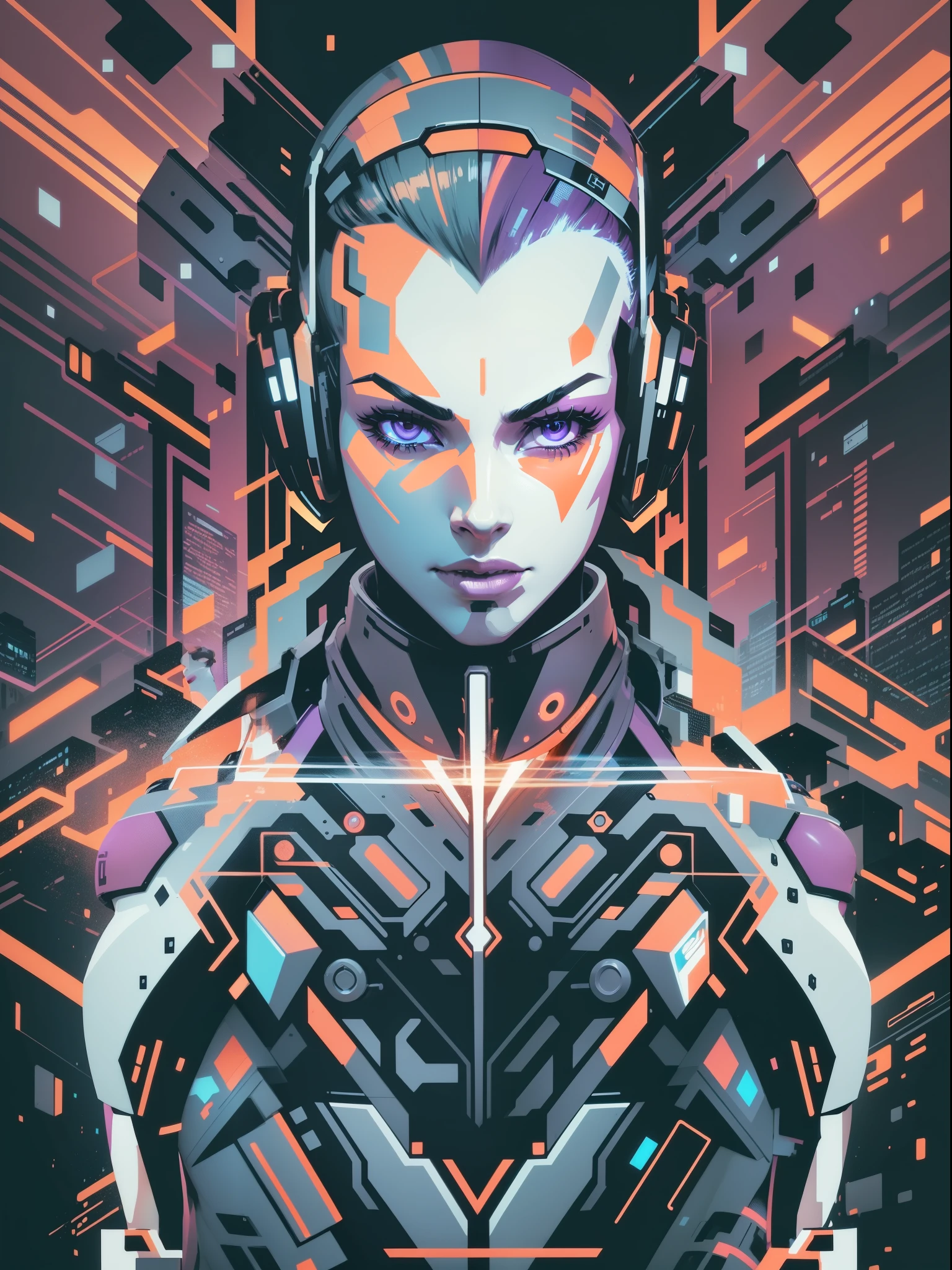 graphic design t-shirt, flat design, futuristic cyberpunk robot in mix of tones, topless,, sexy body, topless, flashing , big , metal skin,metal nipples, laser beams, purple emissive eyes, colorful tones, clean highly detailed, vector image, smoke explosion, simple background, flat white background, bright vector ((white background) )