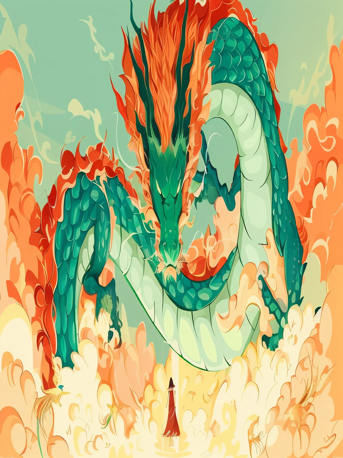 Long tail red tail dragon illustration, A beautiful artistic illustration, majestic japanese dragon, cyan Chinese dragon fantasy, dragon breathing fire, The dragon is breathing fire on it, dragon girl, Full color illustration, ''dragon breathing fire, epic Full color illustration, dragon art, Chinese dragon, Chinese dragon concept art, Dragon as background, Deng Sachin