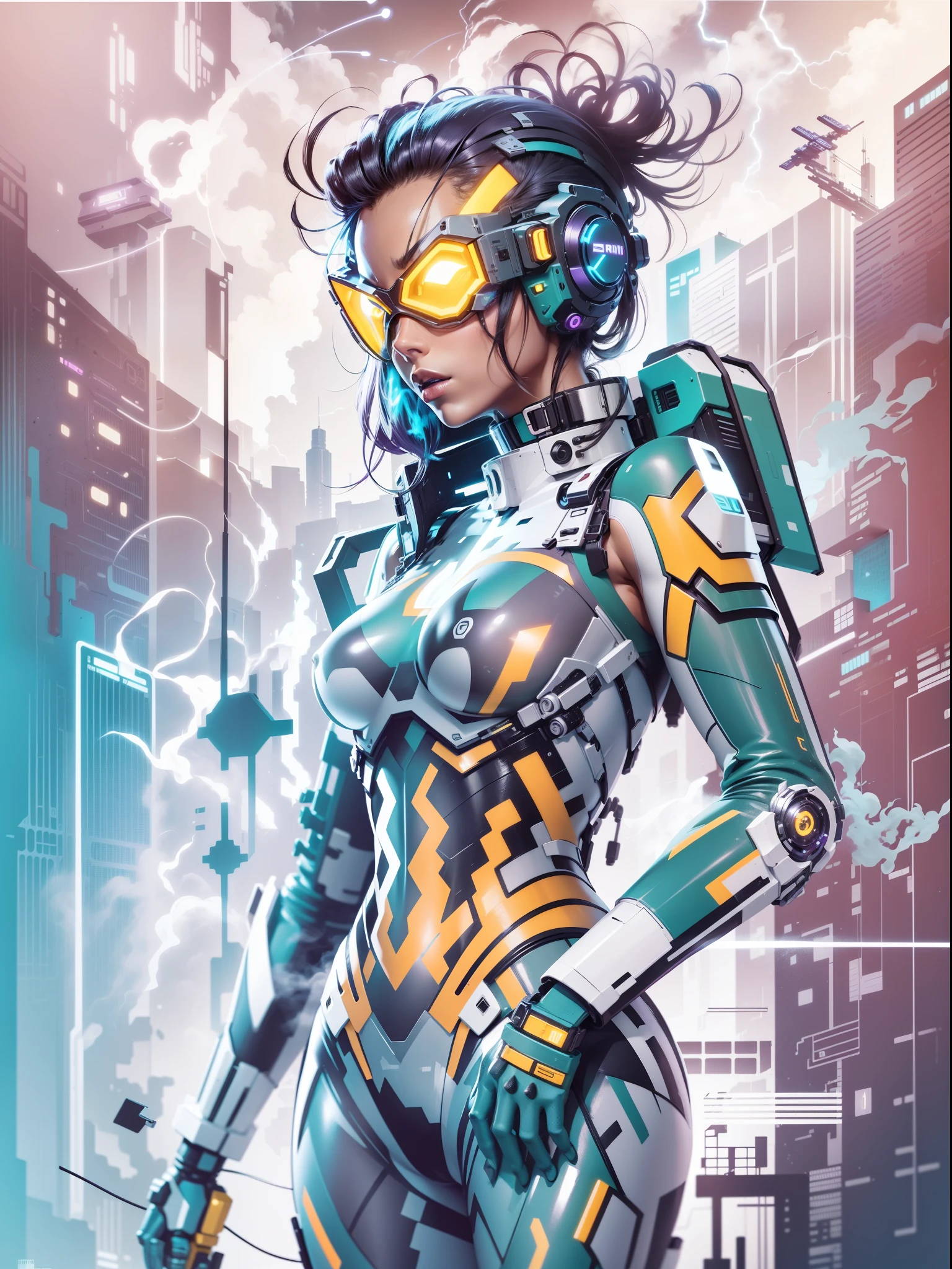 graphic design t-shirt, flat design, futuristic cyberpunk robot in mix of tones, topless,, sexy body, topless, flashing , big , metal skin,metal nipples, laser beams, purple emissive eyes, colorful tones, clean highly detailed, vector image, smoke explosion, simple background, flat white background, bright vector ((white background) )