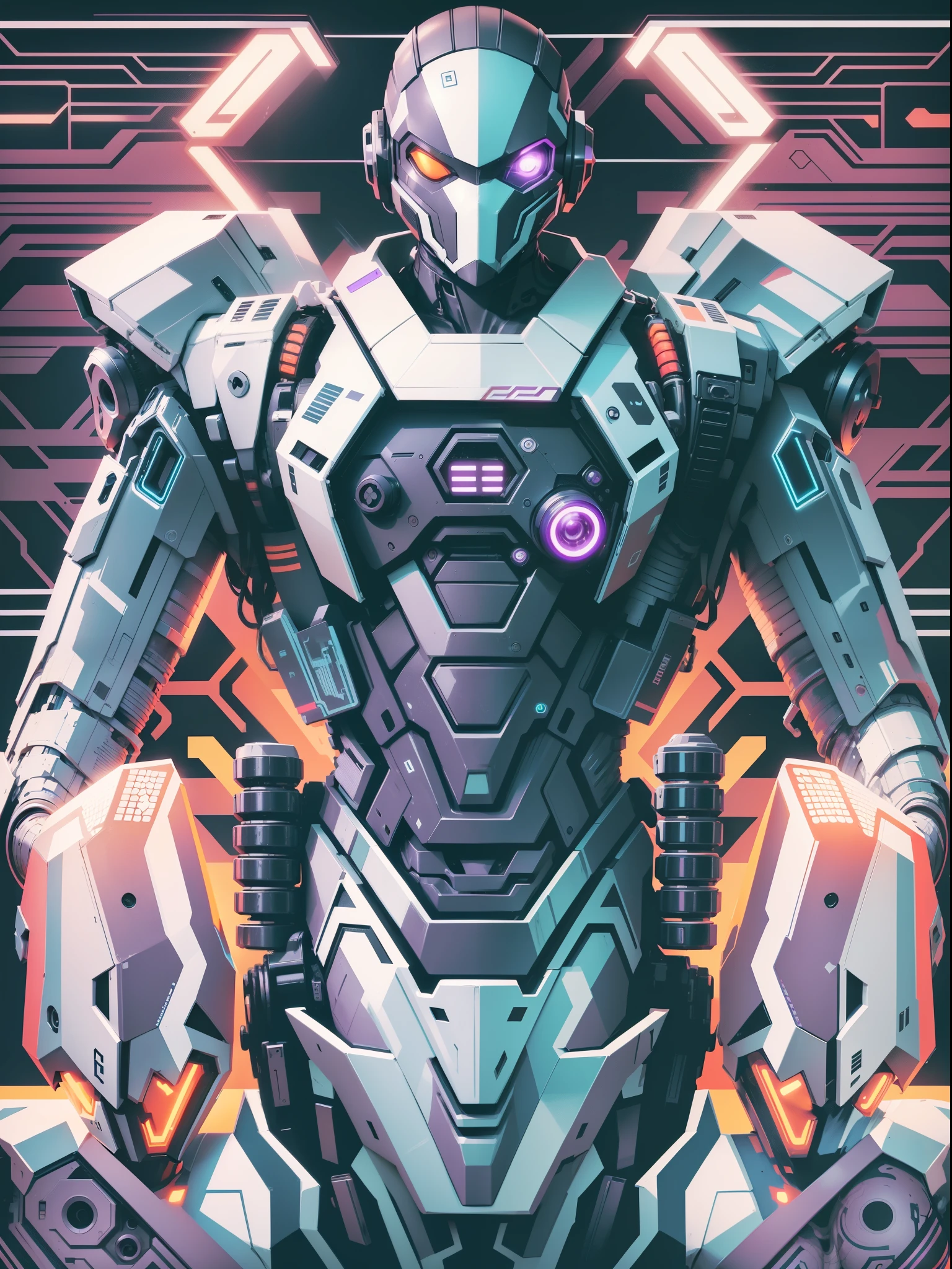 graphic design t-shirt, flat design, futuristic cyberpunk robot in mix of tones, topless,, sexy body, topless, flashing , big , metal skin,metal nipples, laser beams, purple emissive eyes, colorful tones, clean highly detailed, vector image, smoke explosion, simple background, flat white background, bright vector ((white background) )