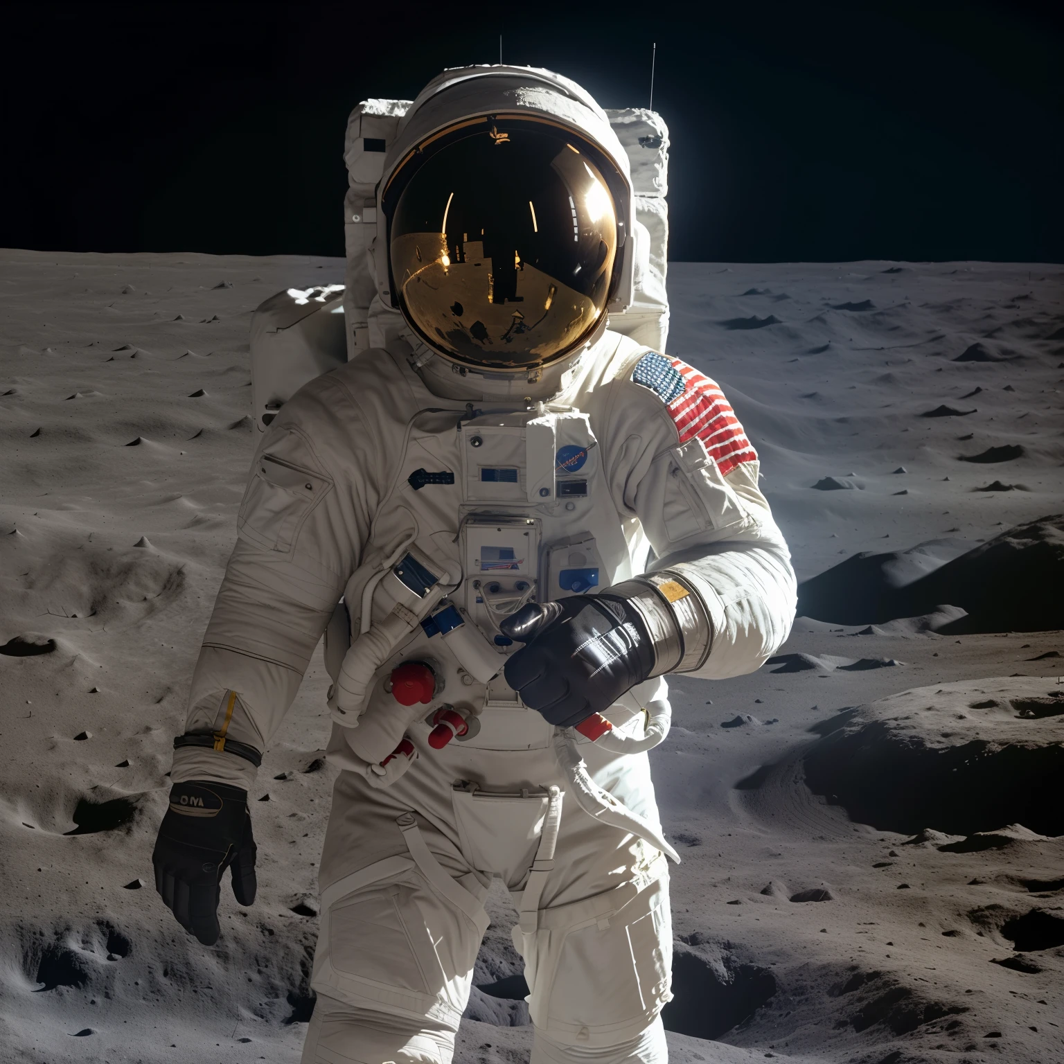 Man on the Moon, iconic moment, historic figure, astronaut suit, gloves, helmet, beam of light, lunar surface, dusty terrain, large thumbs up, triumphant expression, Apollo mission, NASA, space exploration, cinematic scene, high contrast lighting, vector illustration, minimalist design, trending on Behance, 4k render, crisp and clear details, realistic textures.