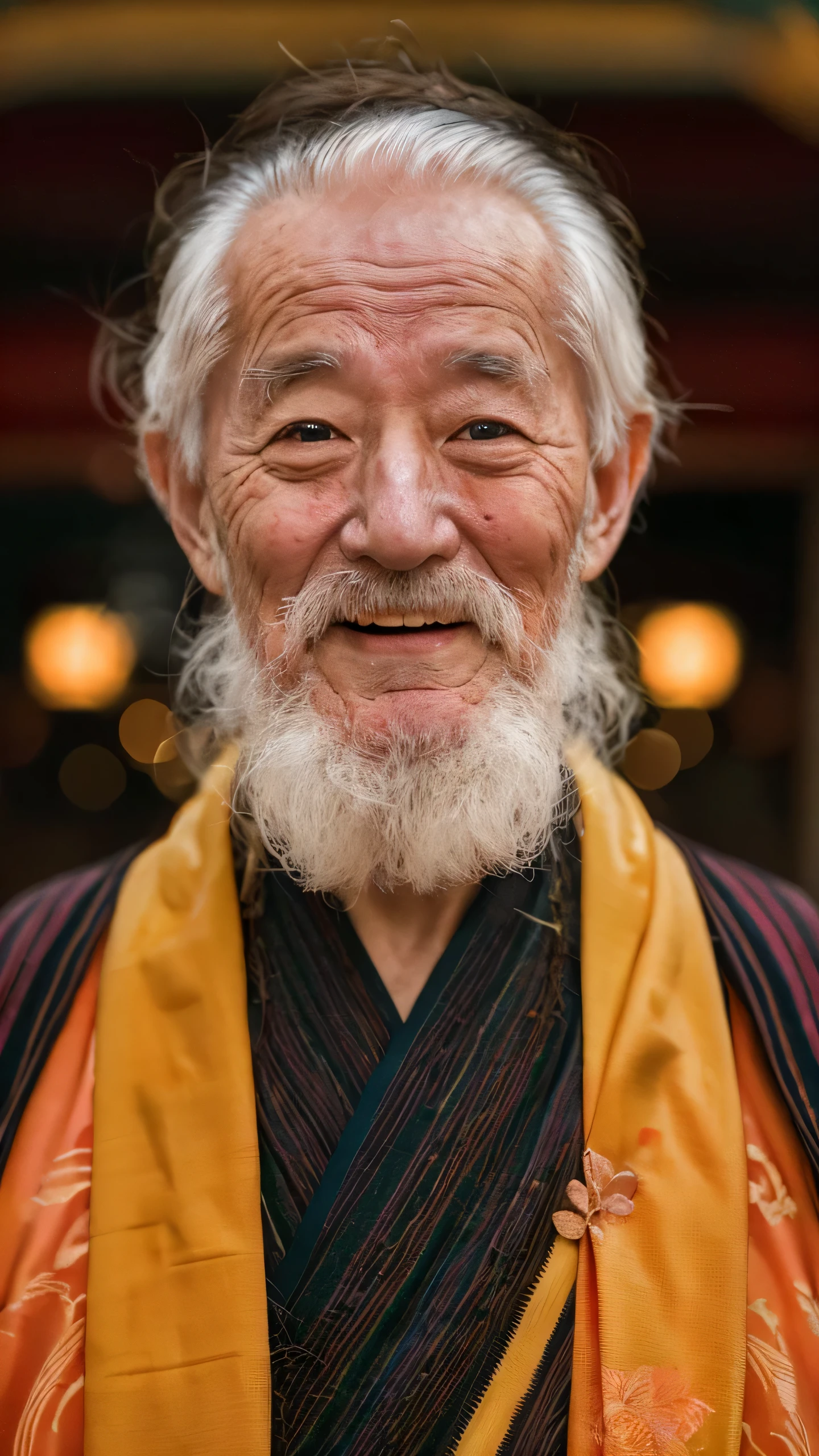 an old man in a robe，close up，close shot，under a neon，soft sunshine，4K resolution，bright colors，Detailed image quality，HD details，Japanese photography，face camera