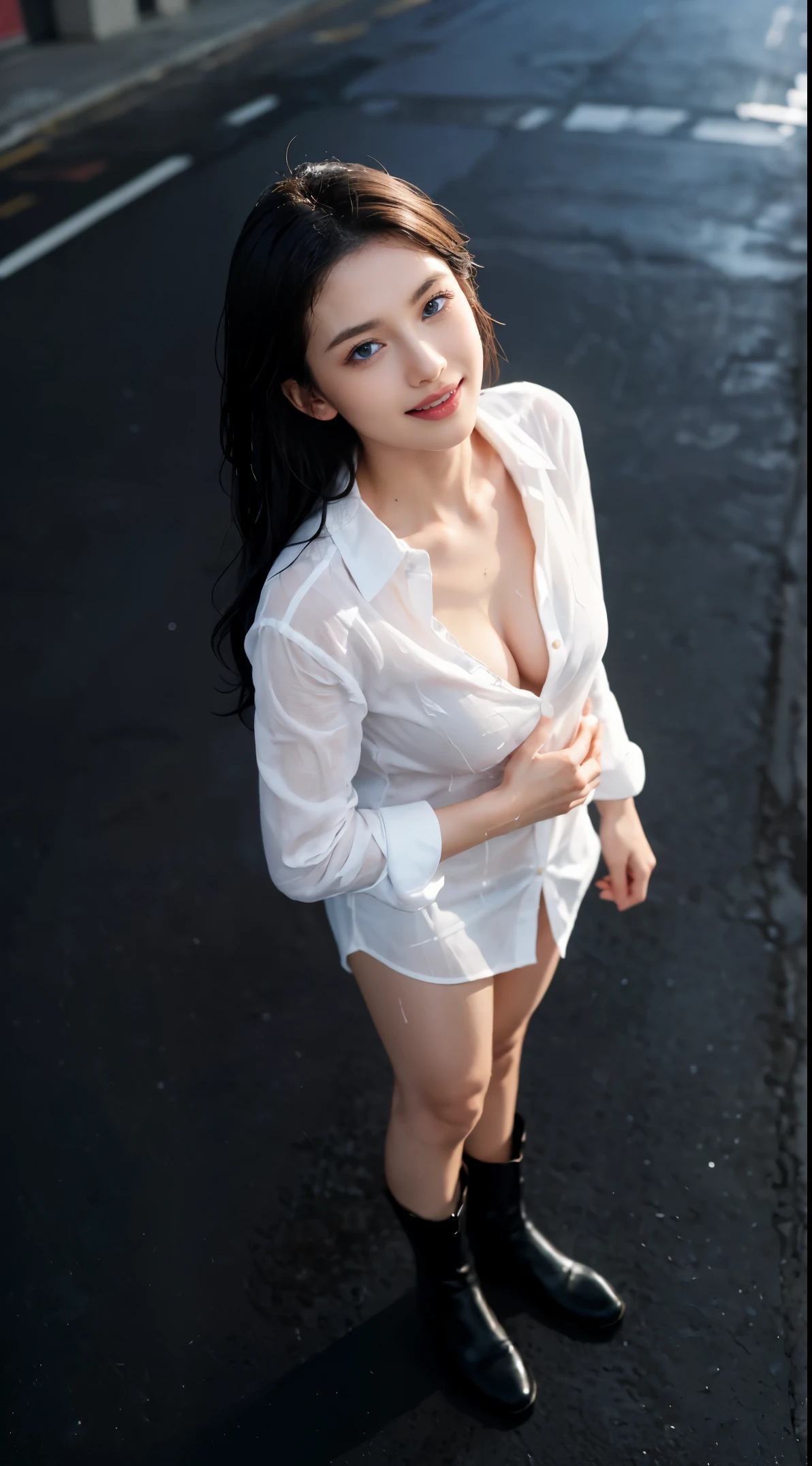 8K, Top Quality, Intricate Details, Ultra Detail, Ultra High Resolution, Masterpiece, random angle, Slender, Smile, (Makeup: 0.4), (Fluffy Blue Eyes: 1.21), blue Eyes, looking at viewer, ((((full body)))), 1girl, solo, 1 girl, (( full body)), close up shot, , ((tall)), (((fit body))), (((slim face))), sharp face, sharp eyes, (((black hair, long hair, )) (detailed face), sharp face, small lips, (((open unbuttoned Wet Long Shirt showing the naked bust))), Rain, Street, Wet Body, detailed face, detailed breast, , large breast, detail ass, , Beautiful girl with accentuated slender abs: 1.4, Six Pack Abs: 1.4, Bust Botox, Big, Perfect Body, detail leg, (( moonlight)), street