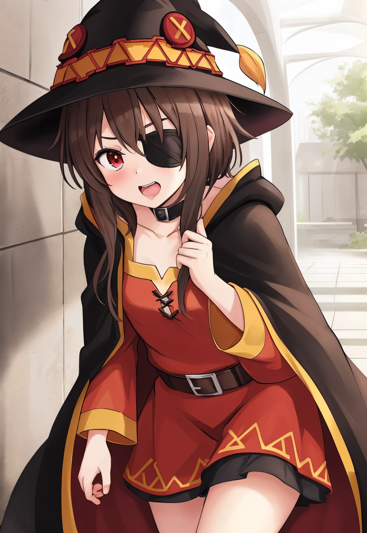 Lily always loved to cosplay as her favorite anime character, Megumin, from the series Konosuba. She had a red robe, a black cloak, a black hat, and even an eyepatch to complete the look. She also had short brown hair and red eyes, just like the arch wizard. Lily enjoyed playing with her friends, who also cosplayed as other characters from the show. They would pretend to go on quests, fight monsters, and cast spells. Lily's favorite part was shouting "Explosion!" and pretending to collapse after using her signature move. She felt like she was living in a wonderful world with her friends.