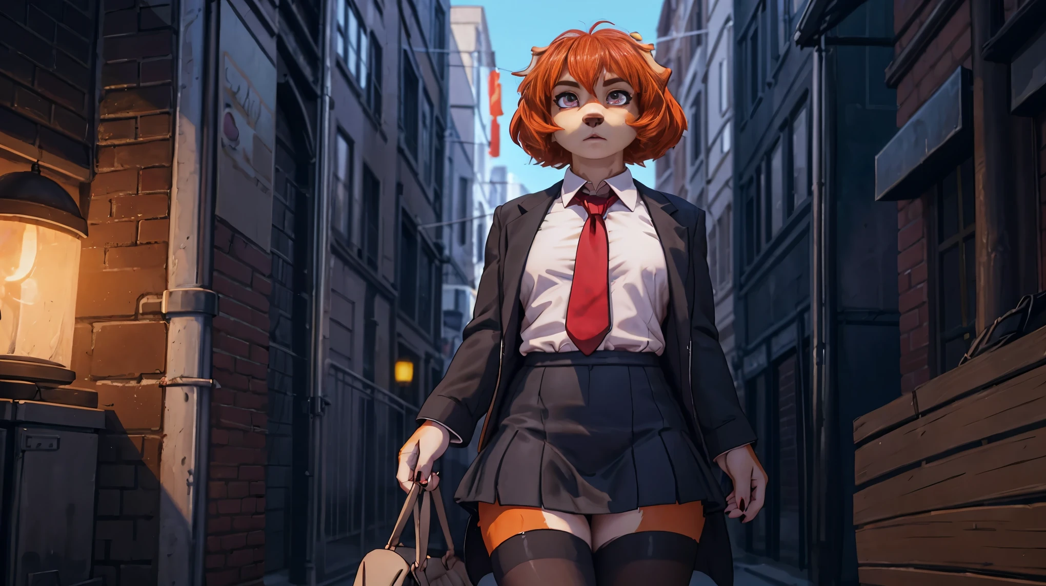 Skye, female, cockapoo, floppy ears, anthro, short messy ginger hair, fringe, magenta eyes, tall, curvy, slightly muscular, white shirt with tie, black skirt, black pantyhose, standing, she is a assassin, serious, cold stare, neutral expression, extremely detailed, beautiful, solo, high quality, 4K, 8K, HDR, RAW