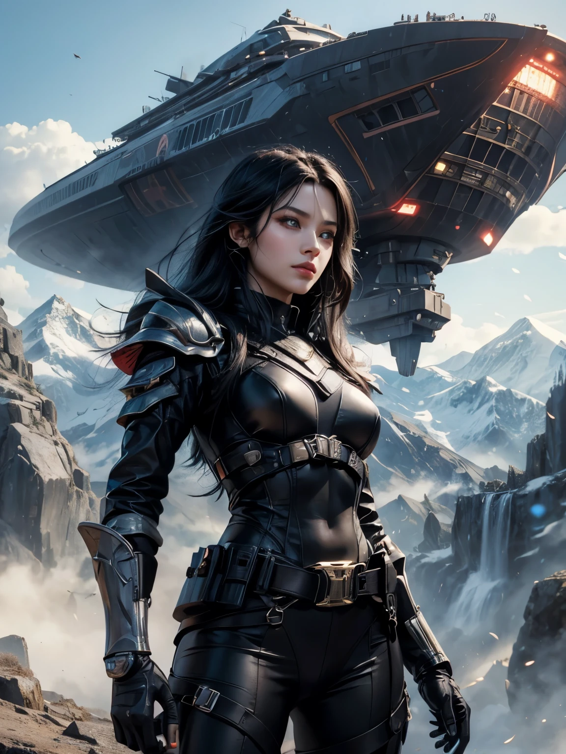 A beautiful woman with long black hair is standing on the slope of a mountain。The woman is wearing a black metallic combat uniform.。On his waist is a belt with a blue round gemstone embedded in it.。The woman's age is twenty years old。beautiful double eyes。well-shaped lips。bridge of nose。masterpiece。A small triangular spaceship is floating behind the woman.。The color of that spaceship is jet black。