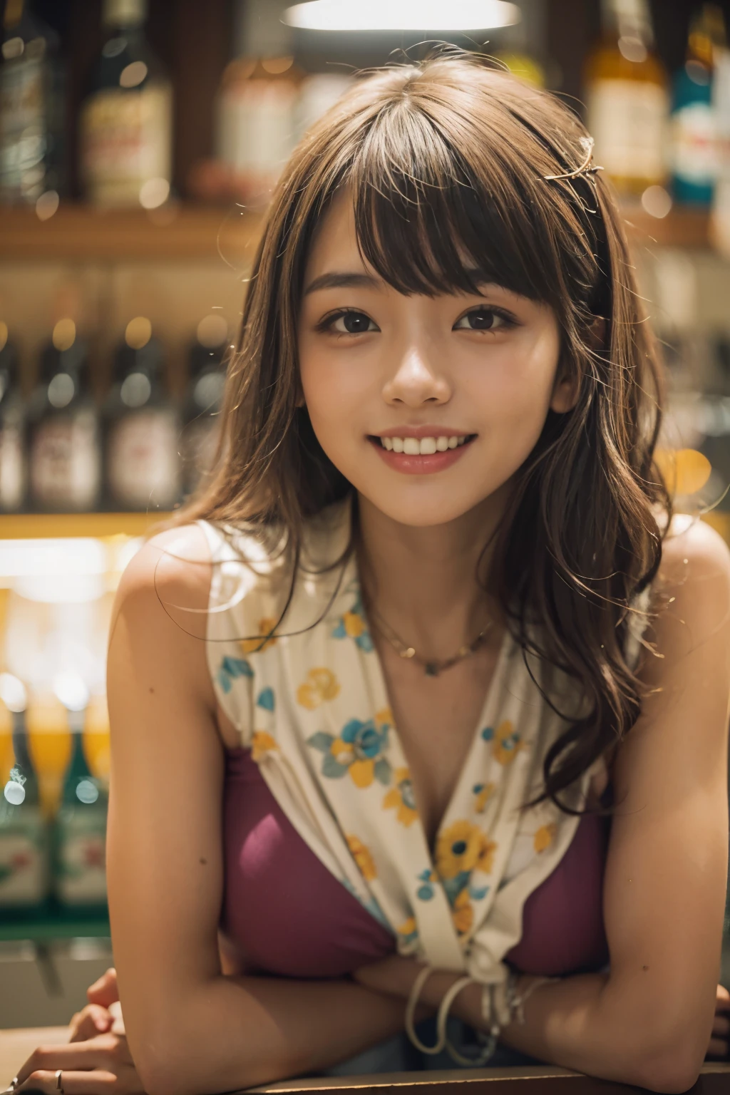 Top quality, 1 beautiful japanese woman, wearing school swimwear, 35mm lens, f/1, at bar counter, camel claw, smile