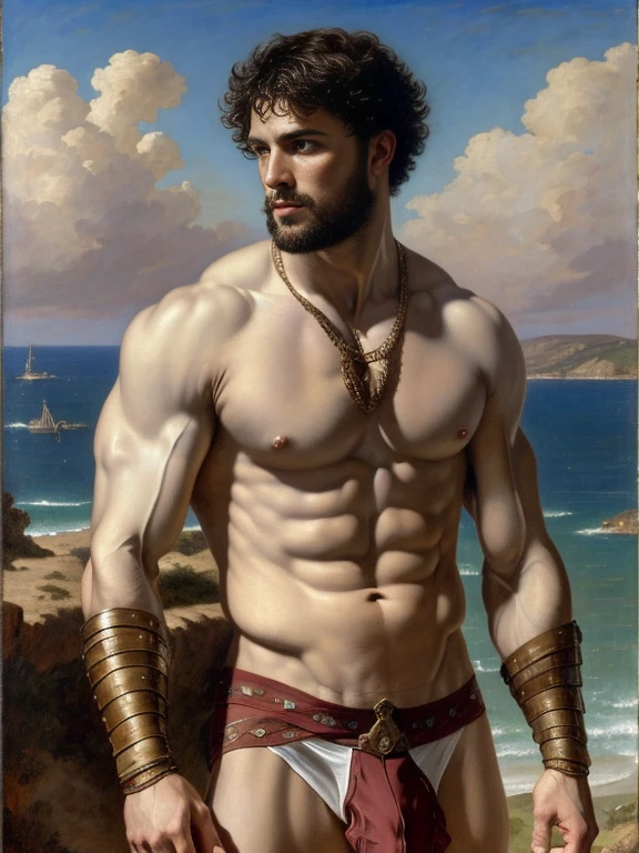 Side view, oil painting of a Roman Gladiator, masculine appeal, handsome, by Alexandre Cabanel, by Daniel Gerhartz, pre-Raphaelite movement, neoclassical style, Aegean sea landscape background, beautiful man, scantily clad, dark olive skin, ((white briefs, big bulge)), chest, abs, full body,