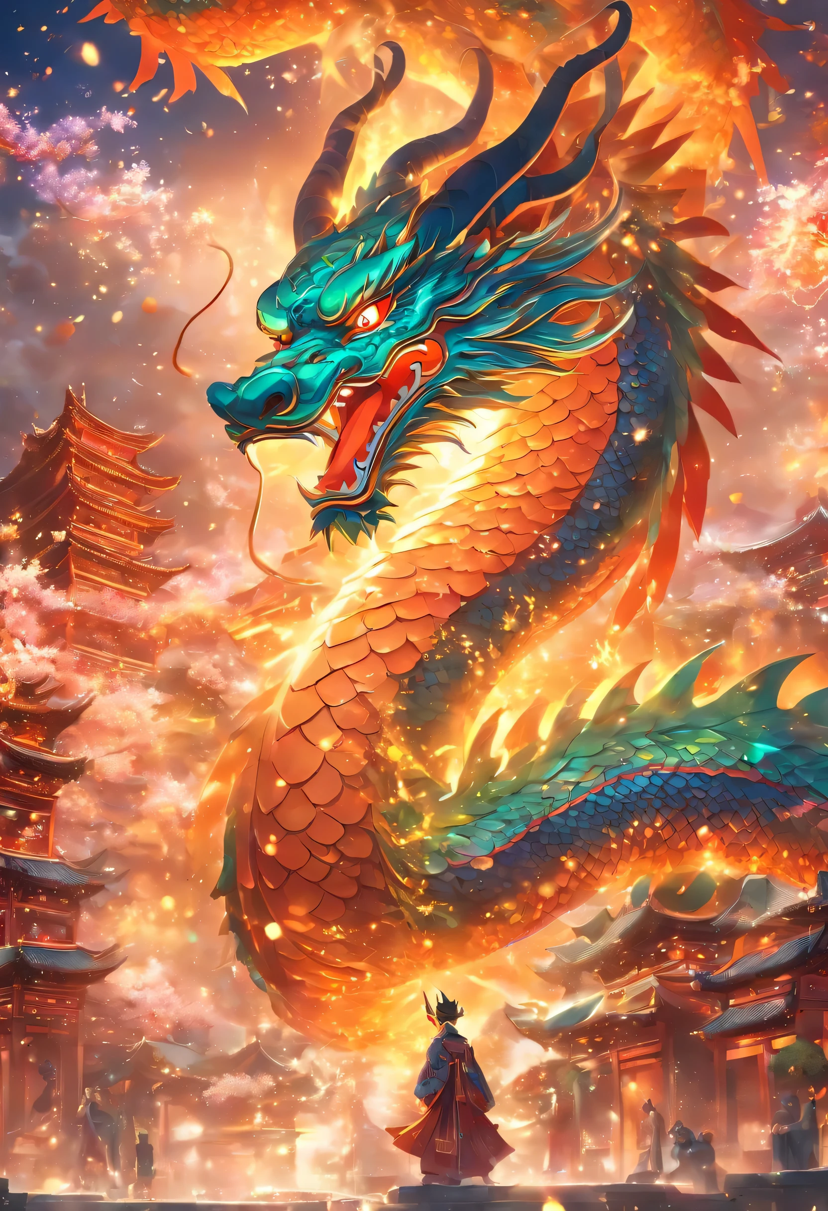 Chinese style elements，Oriental dragon image, Blessed by the Dragon，The dragon is praying，Soar into the sky, There are colorful lights everywhere, They were delighted, (high contrast), (Age of fantasy worlds), People are happily shopping, new year atmosphere, (Ray tracing, global illumination), (masterpiece:1.4), (Full of energy:1.2), normal, complicated，Rich in details, (Super detailed CG unified 8k wallpaper)