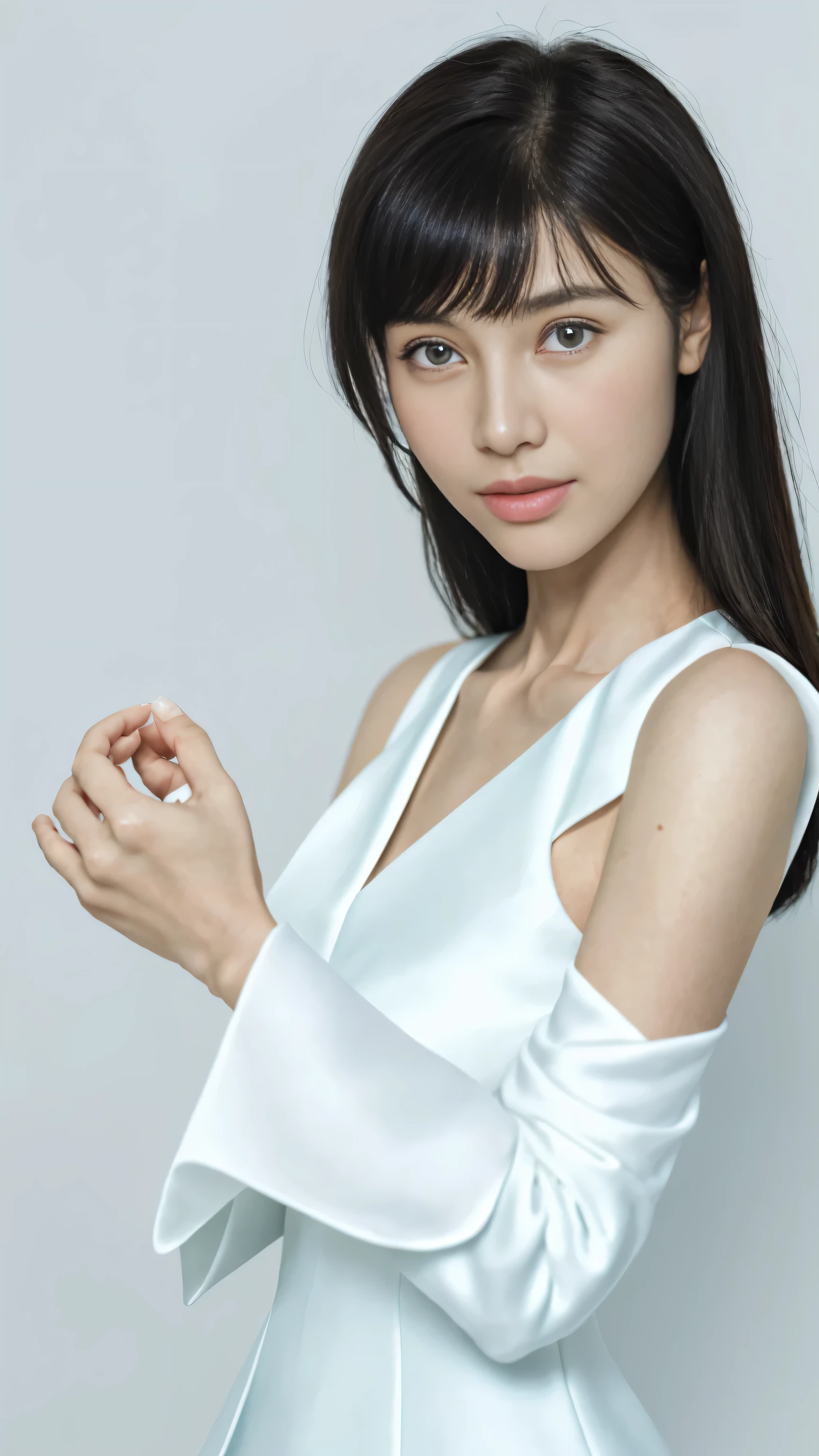 (masterpiece), actual, (Portrait of an 18-year-old girl), pretty face, 阳Light, Light, Bangs, beautiful eyes, black hair, perfect anatomy, very cute, princess eyes , (black eyes) , (Frame the head), centered image, stylized, 生物发Light, 8 life size,8K resolution, White low-cut dress with blue details, human hand, Be curious, elegant, almost perfect, Dynamic, Very detailed, character table, concept art, Light滑的, presented directly to the audience,make their bodies symmetrical、balance, Very beautiful maiden, Detailed hairstyle,(Women's suits),Formal wear,(sweet smile),Multiple poses
