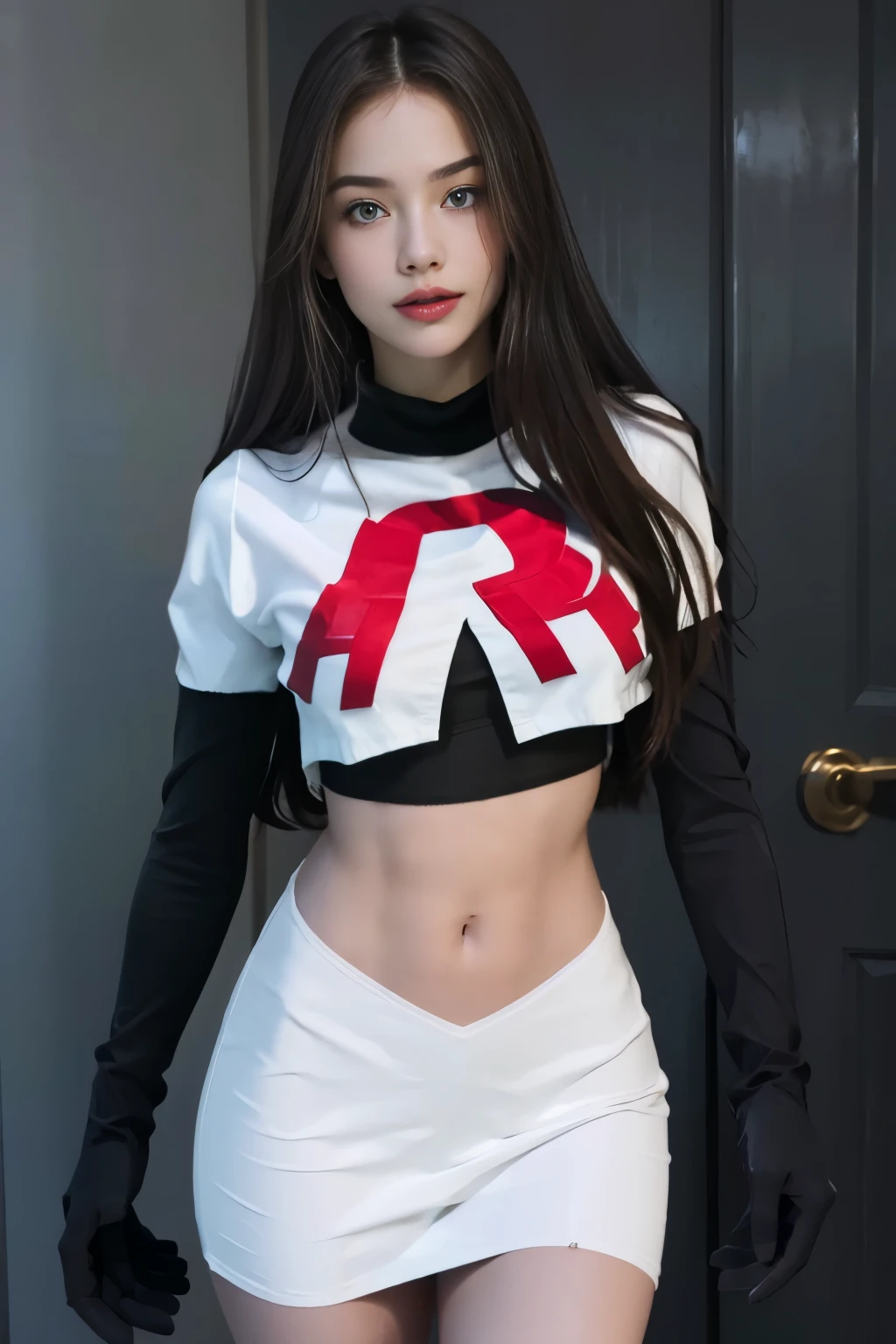 epic realistic, kristinapimenova, 18yo women wearing wearing team rocket,team rocket uniform,white skirt,red letter R,crop top,black thigh-highs,black elbow gloves,