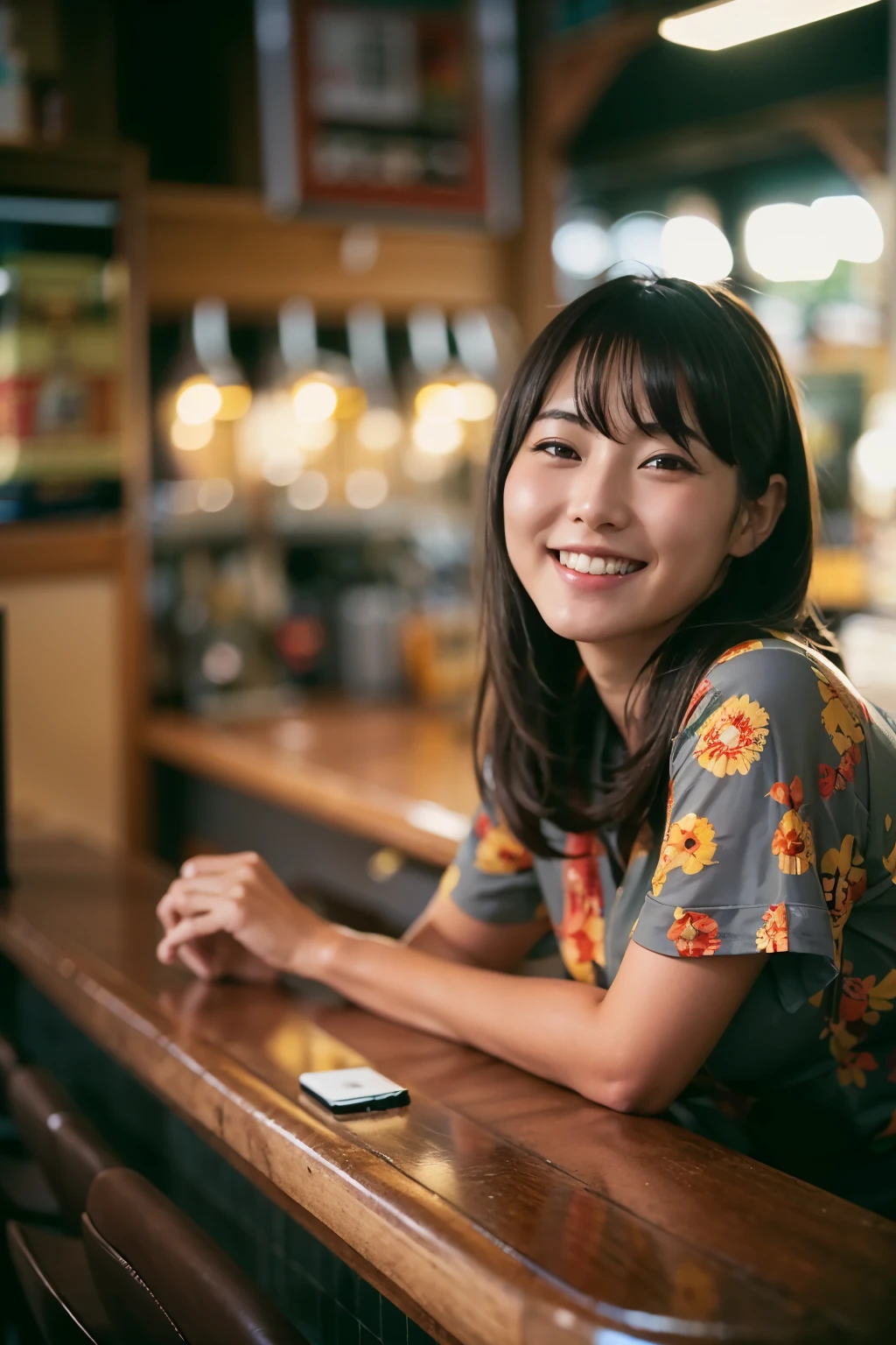 Top quality, 1 beautiful japanese woman, wearing school swimwear, 35mm lens, f/1, at bar counter, camel claw, smile