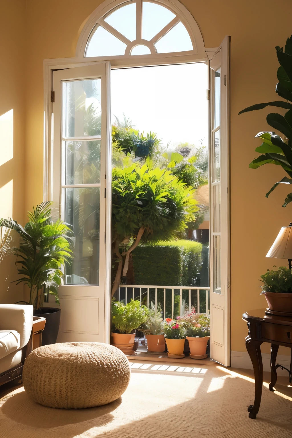 (best quality:1.0),(ultra-high resolution:1.0),cozy indoor background,large French windows,some potted plants,gently sunlight shining into the room,a clean carpet on the floor