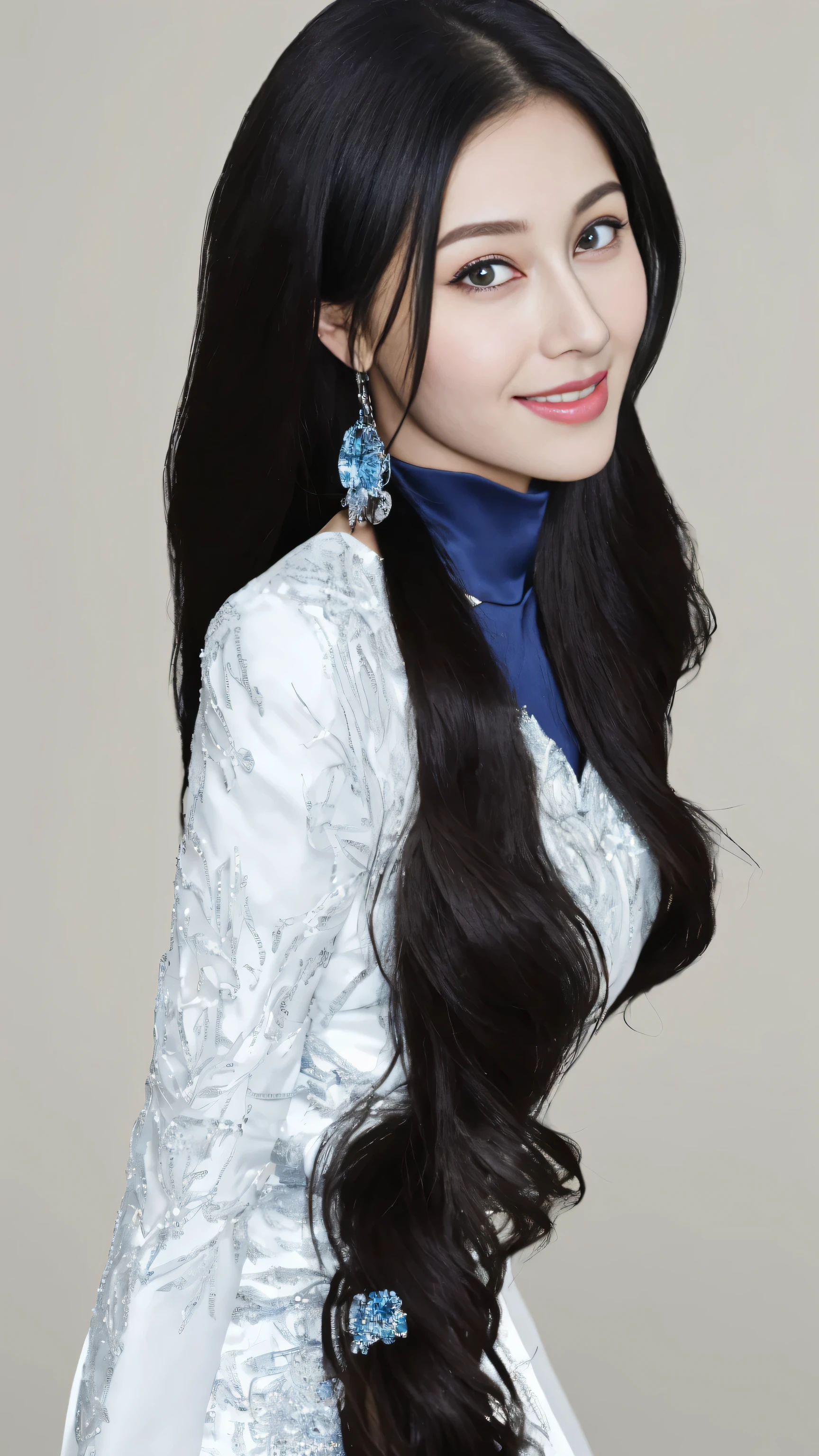 (masterpiece), actual, (Portrait of an 18-year-old girl), pretty face, 阳Light, Light, Bangs, beautiful eyes, black hair, perfect anatomy, very cute, princess eyes , (black eyes) , (Frame the head), centered image, stylized, 生物发Light, 8 life size,8K resolution, White low-cut dress with blue details, human hand, Be curious, elegant, almost perfect, Dynamic, Very detailed, character table, concept art, Light滑的, presented directly to the audience,make their bodies symmetrical、balance, Very beautiful maiden, Detailed hairstyle,(Women's suits),Formal wear,(sweet smile),Multiple poses,(office background)