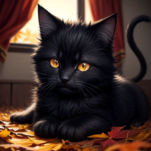A little kitten-demon, eight years old, mischievous and playful. With fur as black as midnight and eyes that gleamed like emeralds, this adorable monster lies sprawled on a bed of vibrant, red and orange autumn leaves. The background shines with the warmth of the setting sun, casting long, golden shadows across the scene.
Drawn by the artist known as Kuro, this masterpiece showcases the best qualities of the kitten-demon's unique character. Sakura Kuwabara, a renowned anime artist, has collaborated in the conception of this artwork, creating a truly captivating and otherworldly image.
The kitten