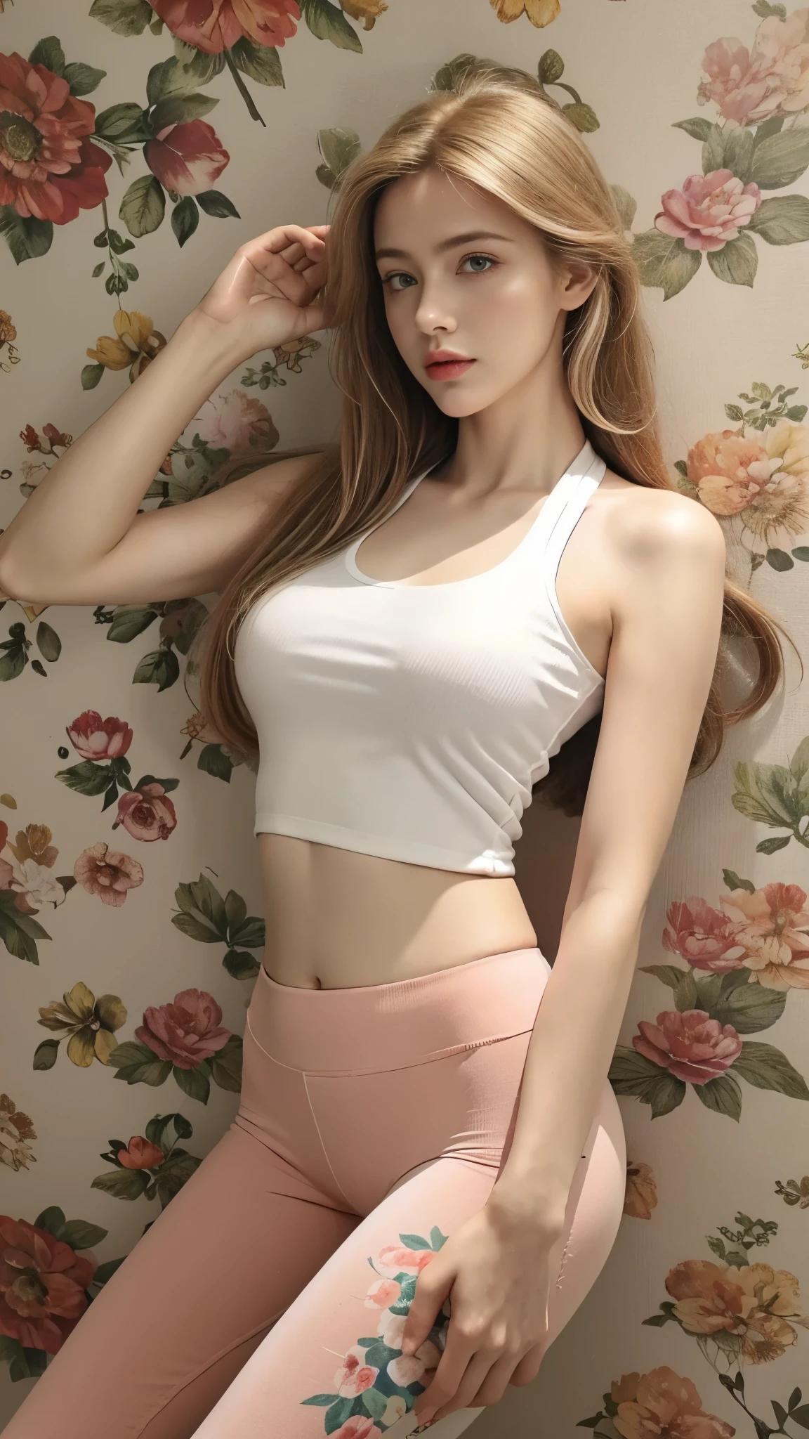 (hyperrealistic), (illustration), (high resolution), (8K), (extremely detailed), (best illustration), (beautiful detailed eyes), (best quality), (super detailed), (masterpiece), (wallpaper), (detailed face), solo, 1 girl, blonde, heterochromic eyes, (floral t-shirt top), (yoga pants underneath), long legs, tight abs, no chest leakage, (((flat chested))), (cameltoe), (see throught), background street, standing