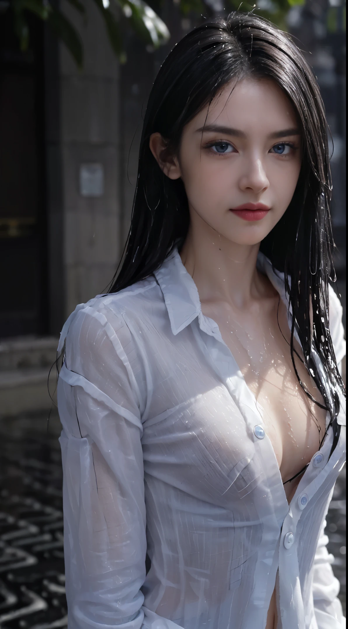 8K, Top Quality, Intricate Details, Ultra Detail, Ultra High Resolution, Masterpiece, random angle, Slender, Smile, (Makeup: 0.4), (Fluffy Blue Eyes: 1.21), blue Eyes, looking at viewer, ((full body)), 1girl, solo, 1 girl, (( full body)), close up shot, , ((tall)), (((fit body))), (((slim face))), sharp face, sharp eyes, (((black hair, long hair, )) (detailed face), sharp face, small lips, ((((((open unbuttoned Wet Long Shirt showing the naked bust))), Rain, Street, Wet Body))), detailed face, detailed breast, , large breast, detail ass, Beautiful girl with accentuated slender abs: 1.4, Six Pack Abs: 1.4, Bust Botox, Big, Perfect Body, detail leg, (( moonlight)), street