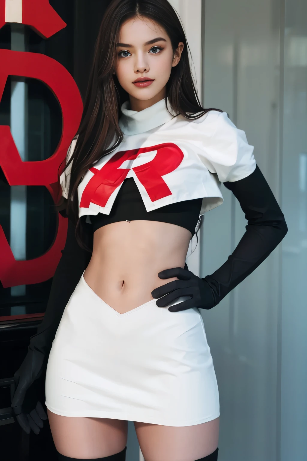 epic realistic, kristinapimenova, 18yo women wearing wearing team rocket,team rocket uniform,white skirt,red letter R,crop top,black thigh-highs,black elbow gloves,