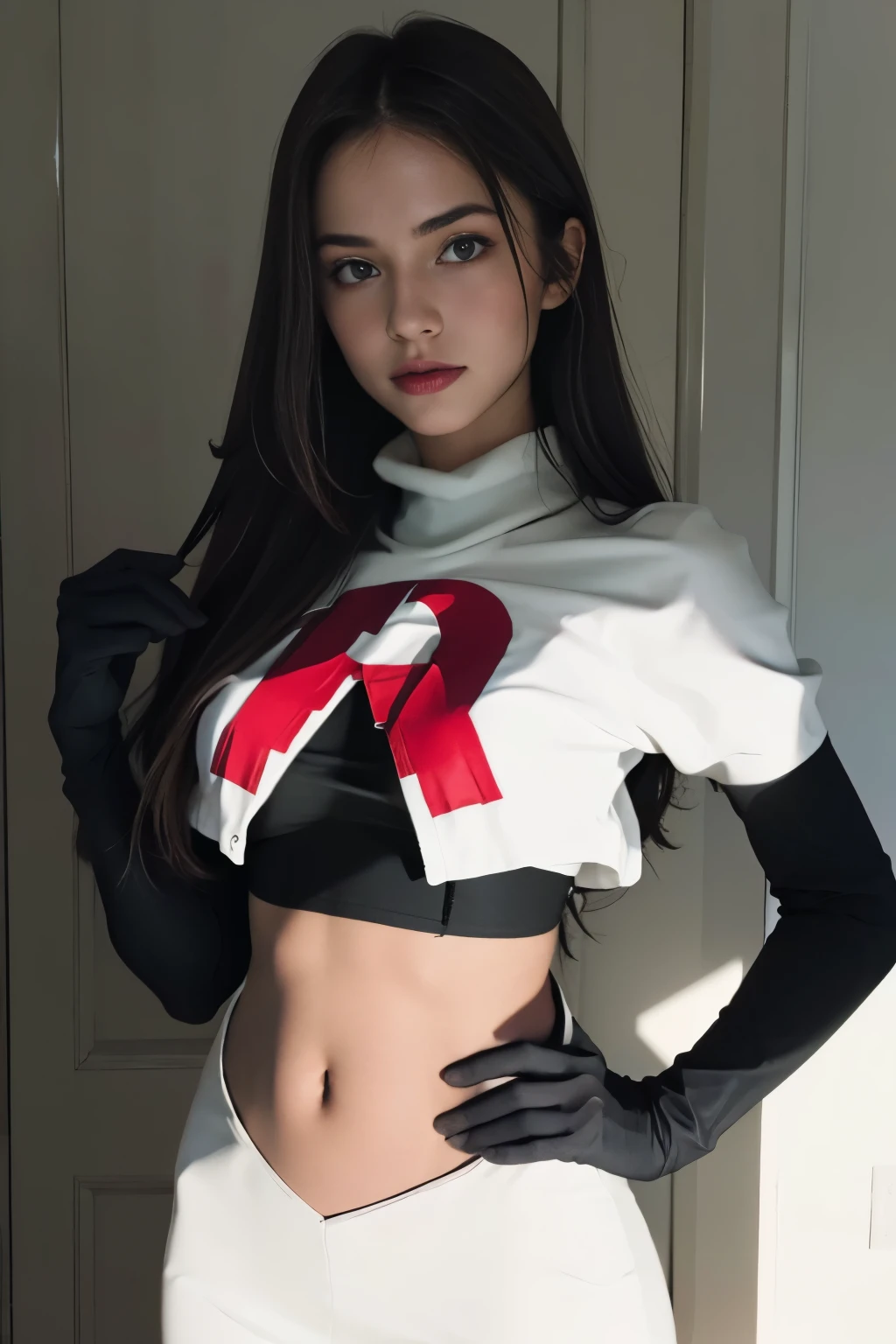 epic realistic, kristinapimenova, 18yo women wearing wearing team rocket,team rocket uniform,white skirt,red letter R,crop top,black thigh-highs,black elbow gloves,