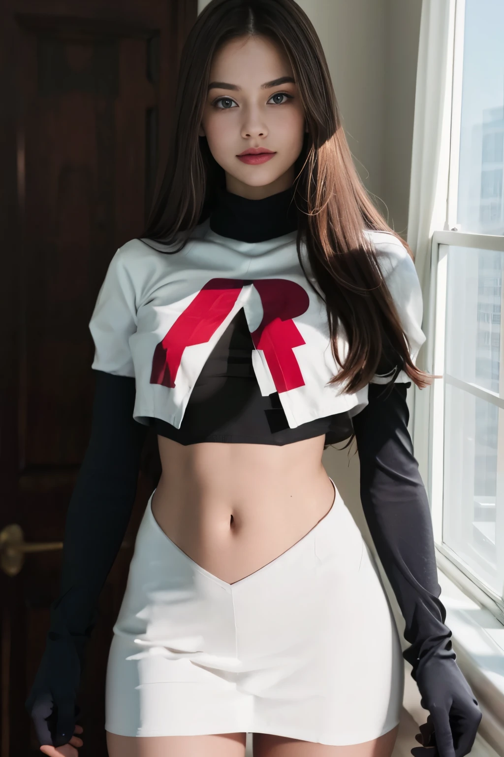 epic realistic, kristinapimenova, 18yo women wearing wearing team rocket,team rocket uniform,white skirt,red letter R,crop top,black thigh-highs,black elbow gloves,
