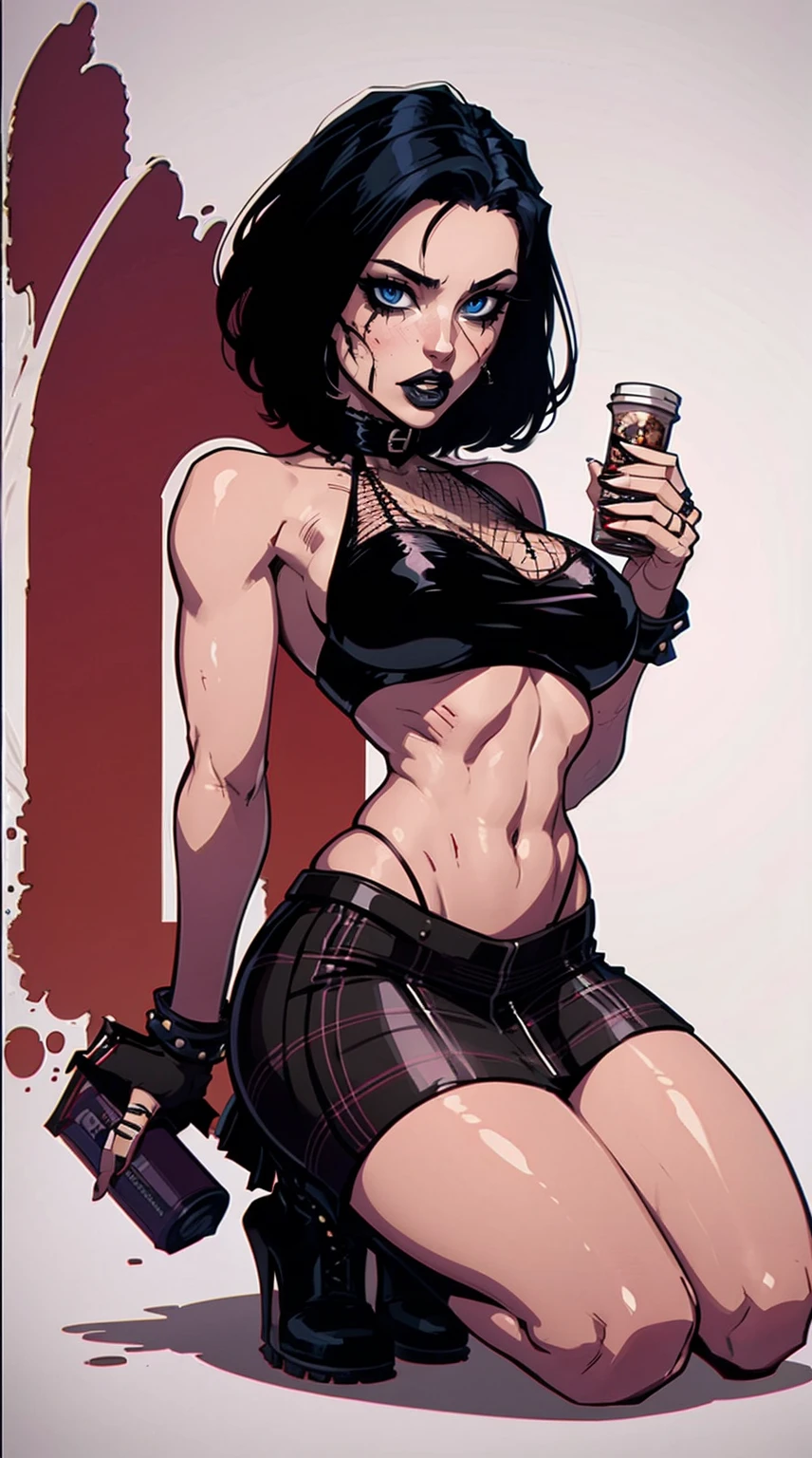 a woman with short black hair, hair on shoulders,  wearing a black cropped  and plaid skirt, blue eyes, zombie art, gothic art, cute aesthetic with vibe, toon aesthetic, wearing red costume, wearing gothic accessories, look like Cassie Hack, whole body, on his knees  , holding a skrull in her hands, white background