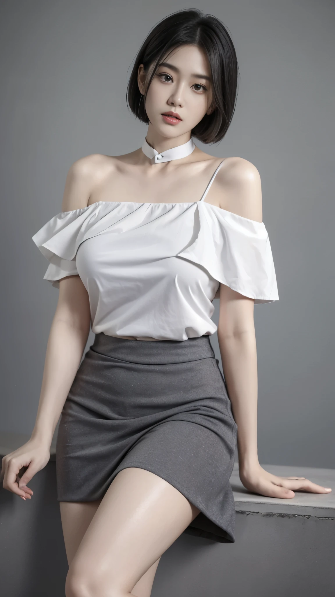 top-quality、超A high resolution、(Photorealsitic:1.4)、1人、Off-shoulder white shirt、Black tight skirt、Black choker、(faded ash gray hair:1)、bob cuts、Slouched、(huge-breasted:1.2)、looking at viewert、a closeup、