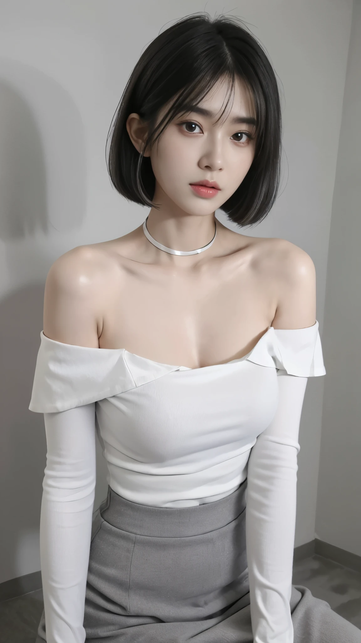 top-quality、超A high resolution、(Photorealsitic:1.4)、女の子1人、Off-shoulder white shirt、Black tight skirt、Black choker、(faded ash gray hair:1)、bob cuts、Slouched、(huge-breasted:1.2)、looking at viewert、a closeup、