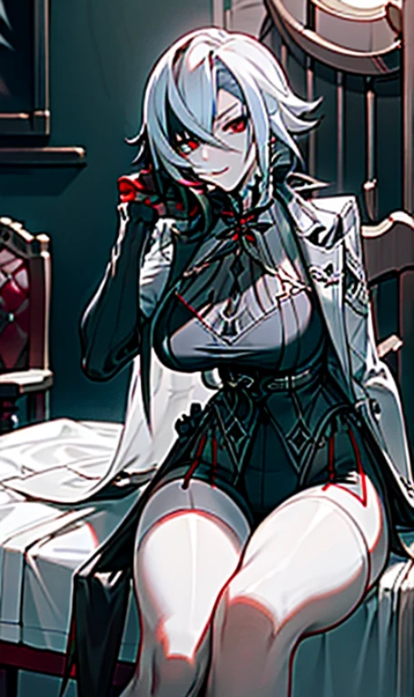 ((Masterpiece, best qualtiy)),arlecchino, arlecchino from genshin impact, exquisitedetails,Fine background,Delicate light,Ray traching,Perfect texture,one-girl,White shirt,Black super shorts,Black band on upper body,Strangle,leg loops,Black stockings,black military boots,Red pupils,Glowing pupils,Exquisite facial features,long leges,Elaborate Eyes,Disdainful eyes,evilsmile,Gloomy environment, voluptuous figure,Big breasts and thin waist,Tall guy,抖S,Royal Sister,full body shot shot,Be red in the face,White skin, white hair,Red pick dye,Only a pair of rabbit ears,Narrowing of the skin,Strangulation,mitts,Black clothing,Foot shot,Seductive action,inside in room,sit on chair,Hold your cheeks with both hands,Look down,Positive perspective,Show the legs,Show feet,Show feet,blackstockings,Erlang legs,Wearing military boots on his feet,Show off your shoes,Reasonable limb position