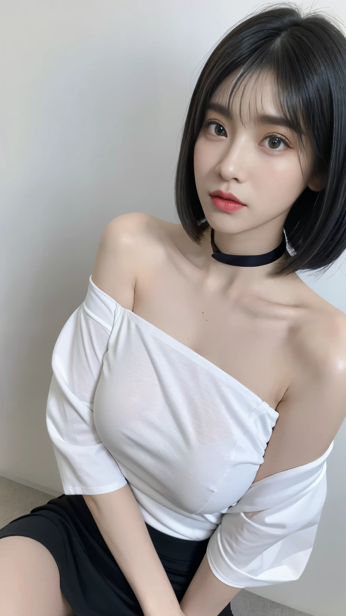 top-quality、超A high resolution、(Photorealsitic:1.4)、1人、Off-shoulder white shirt、Black tight skirt、Black choker、(faded ash gray hair:1)、bob cuts、Slouched、(huge-breasted:1.2)、looking at viewert、a closeup、