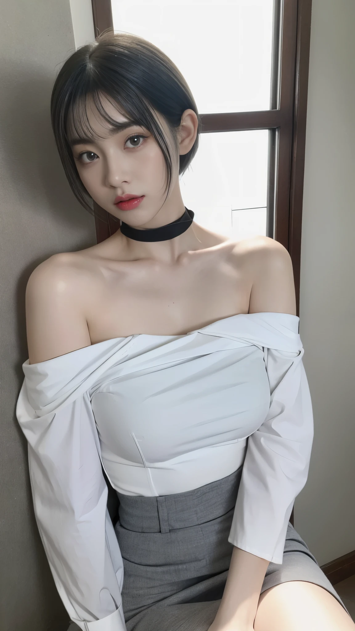 top-quality、超A high resolution、(Photorealsitic:1.4)、***1人、Off-shoulder white shirt、Black tight skirt、Black choker、(faded ash gray hair:1)、bob cuts、Slouched、(huge-breasted:1.2)、looking at viewert、a closeup、