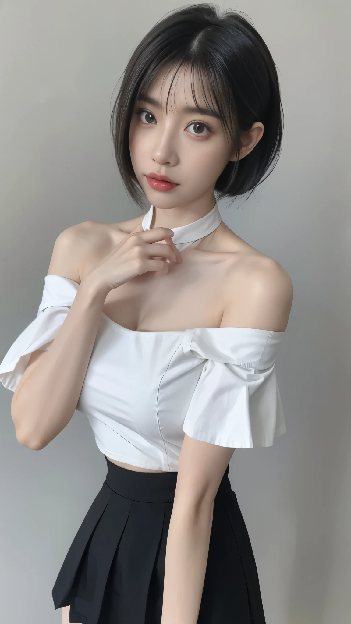 top-quality、超A high resolution、(Photorealsitic:1.4)、1人、Off-shoulder white shirt、Black tight skirt、Black choker、(faded ash gray hair:1)、bob cuts、Slouched、(huge-breasted:1.2)、looking at viewert、a closeup、