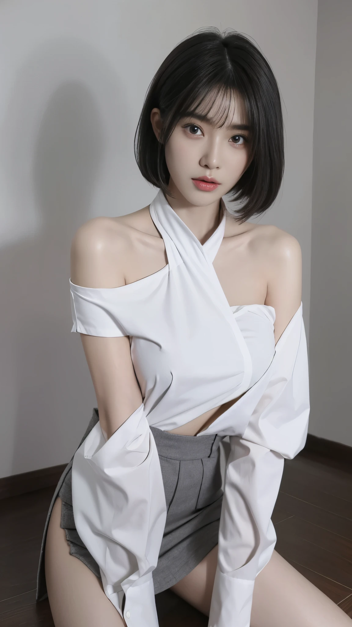 top-quality、超A high resolution、(Photorealsitic:1.4)、女の子1人、Off-shoulder white shirt、Black tight skirt、Black choker、(faded ash gray hair:1)、bob cuts、Slouched、(huge-breasted:1.2)、looking at viewert、a closeup、