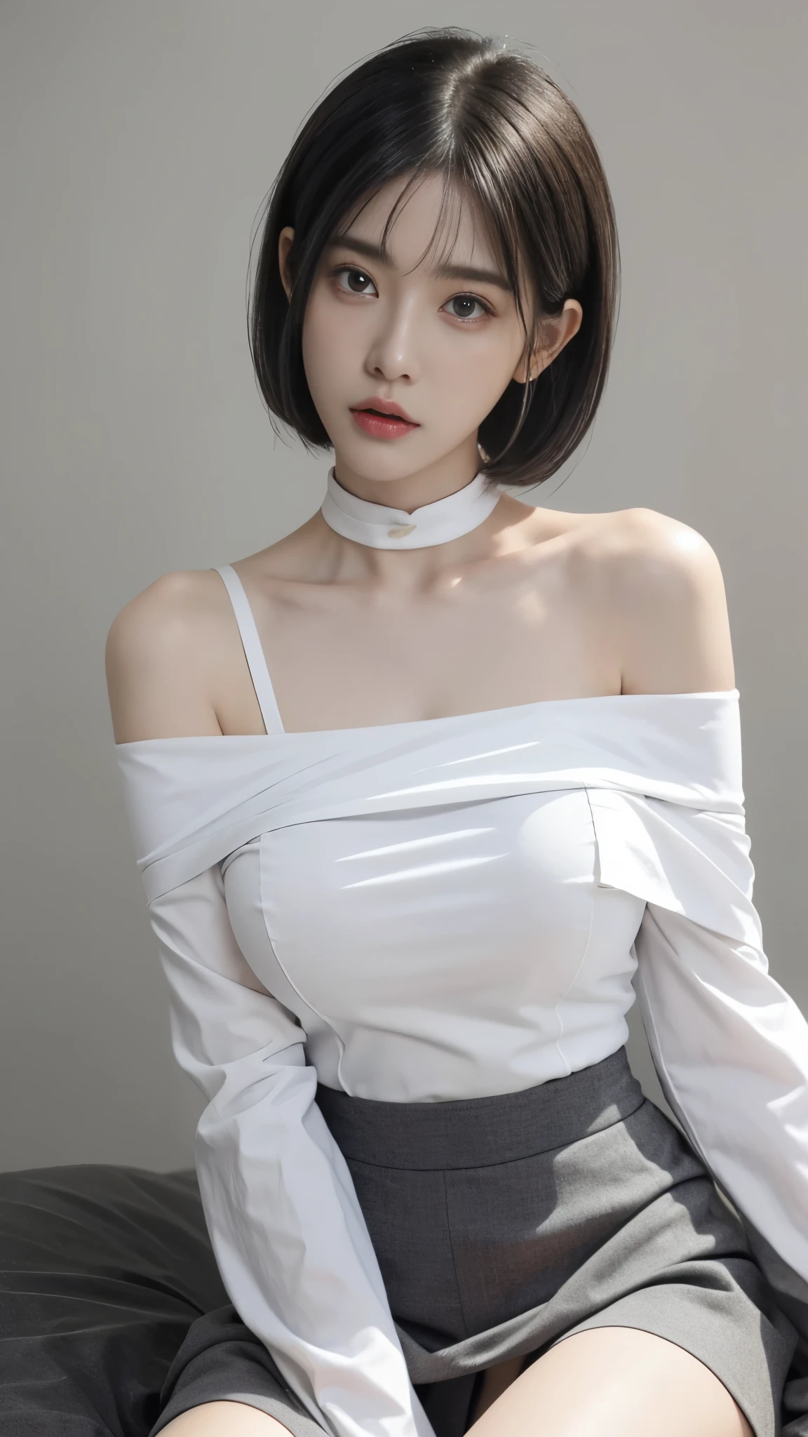 top-quality、超A high resolution、(Photorealsitic:1.4)、***1人、Off-shoulder white shirt、Black tight skirt、Black choker、(faded ash gray hair:1)、bob cuts、Slouched、(huge-breasted:1.2)、looking at viewert、a closeup、