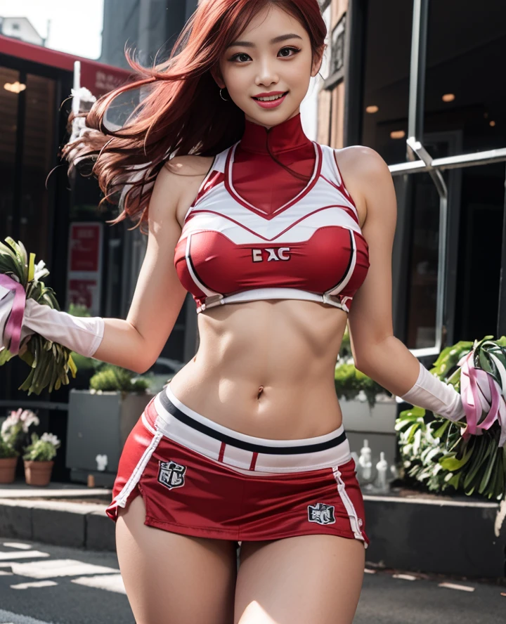 (Best Quality, masterpiece,nsfw, ultra-detailed, Absurd, photorealistic:1.2), 1 girl (a beautiful woman, in her 21s , red hair, red hair,long red hair, hourglass body measurements 90cm, Waist 60cm, Hip 90cm), wearing a costume cheerleader , blushing, while posing for the observer